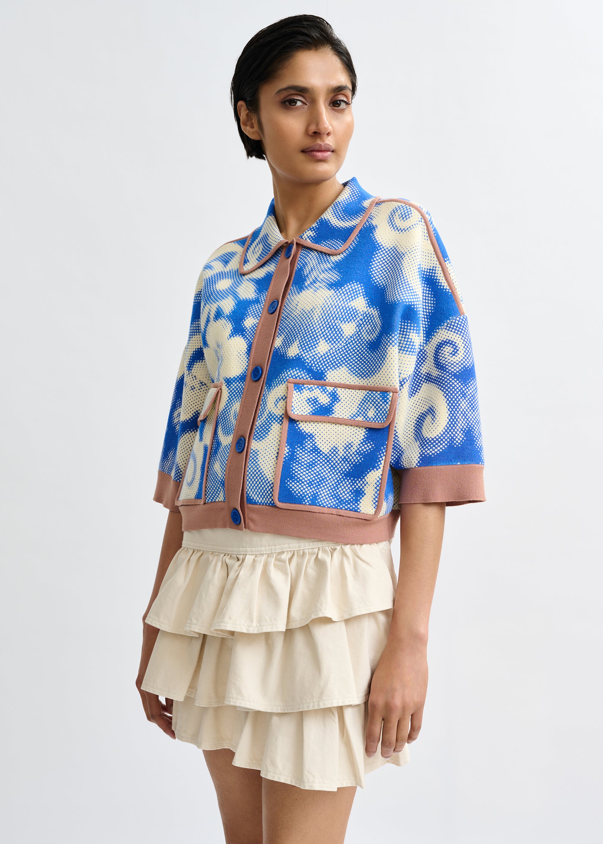 ESSENTIEL ANTWERP JOLY PRINTED KNIT JACKET VIOLET 126