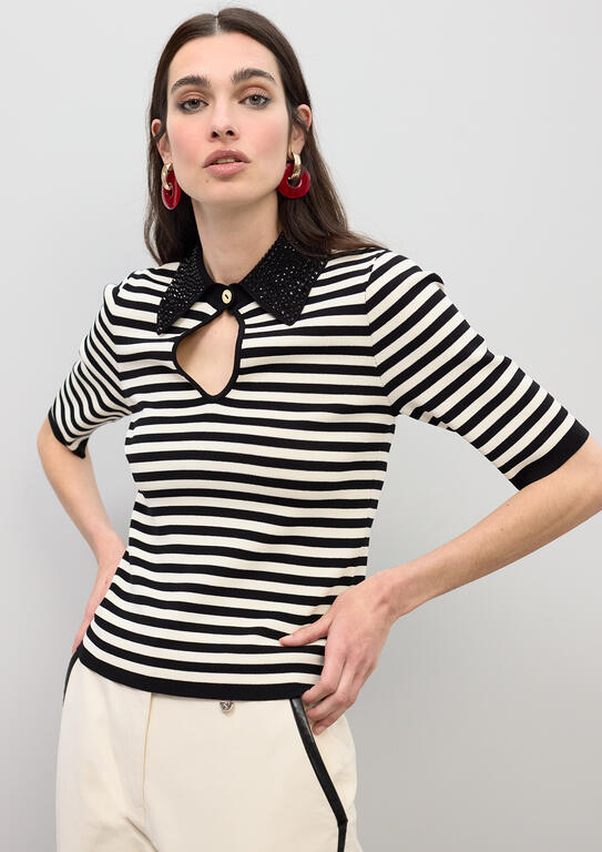 LOLA CASADEMUNT CREAM-BLACK STRIPED POLO COLLAR T-SHIRT LS2615114 126