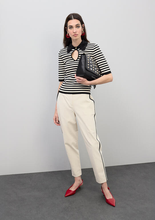 LOLA CASADEMUNT CREAM-BLACK STRIPED POLO COLLAR T-SHIRT LS2615114 126