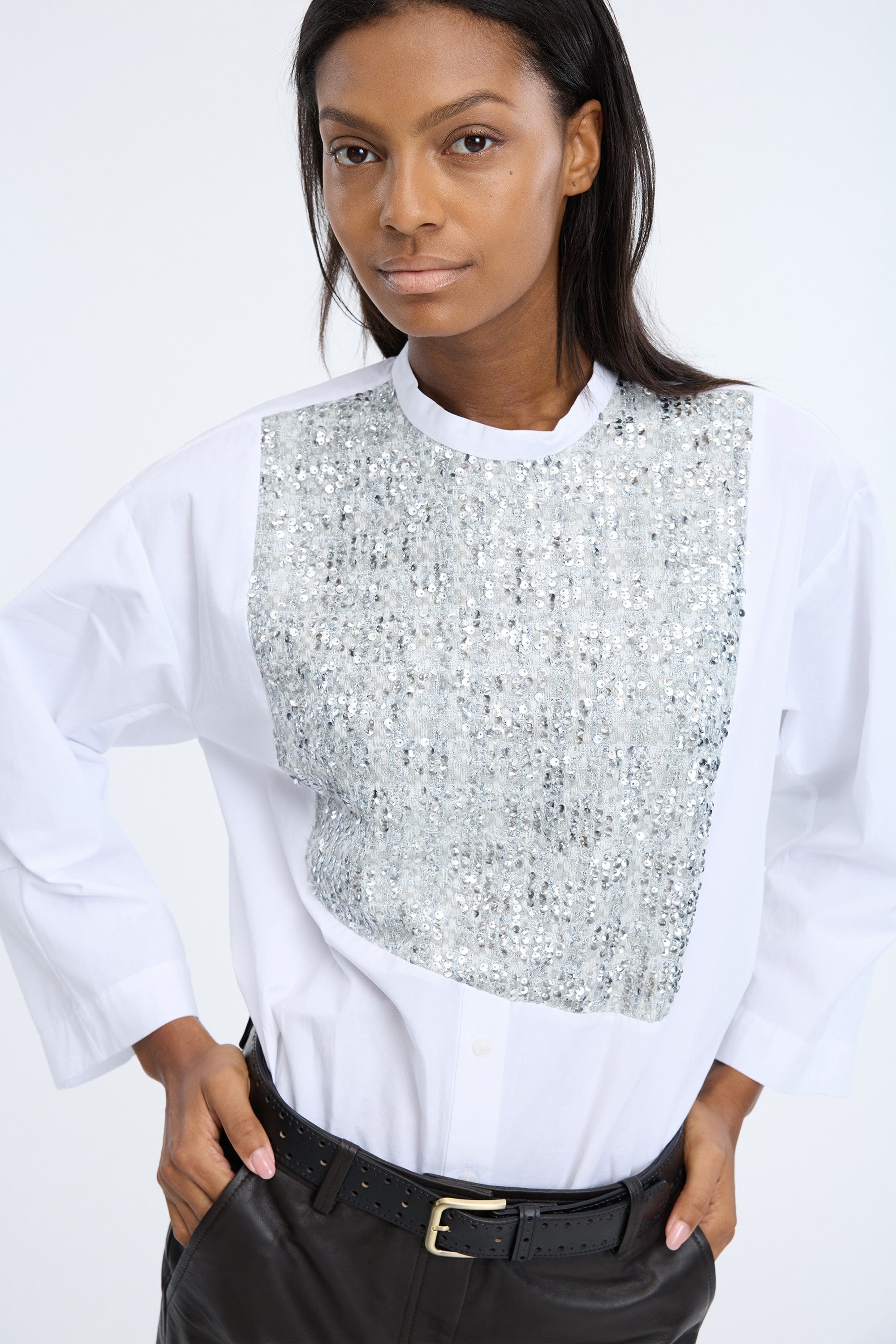 white sequin shirt by munthe stocked at macbees ireland