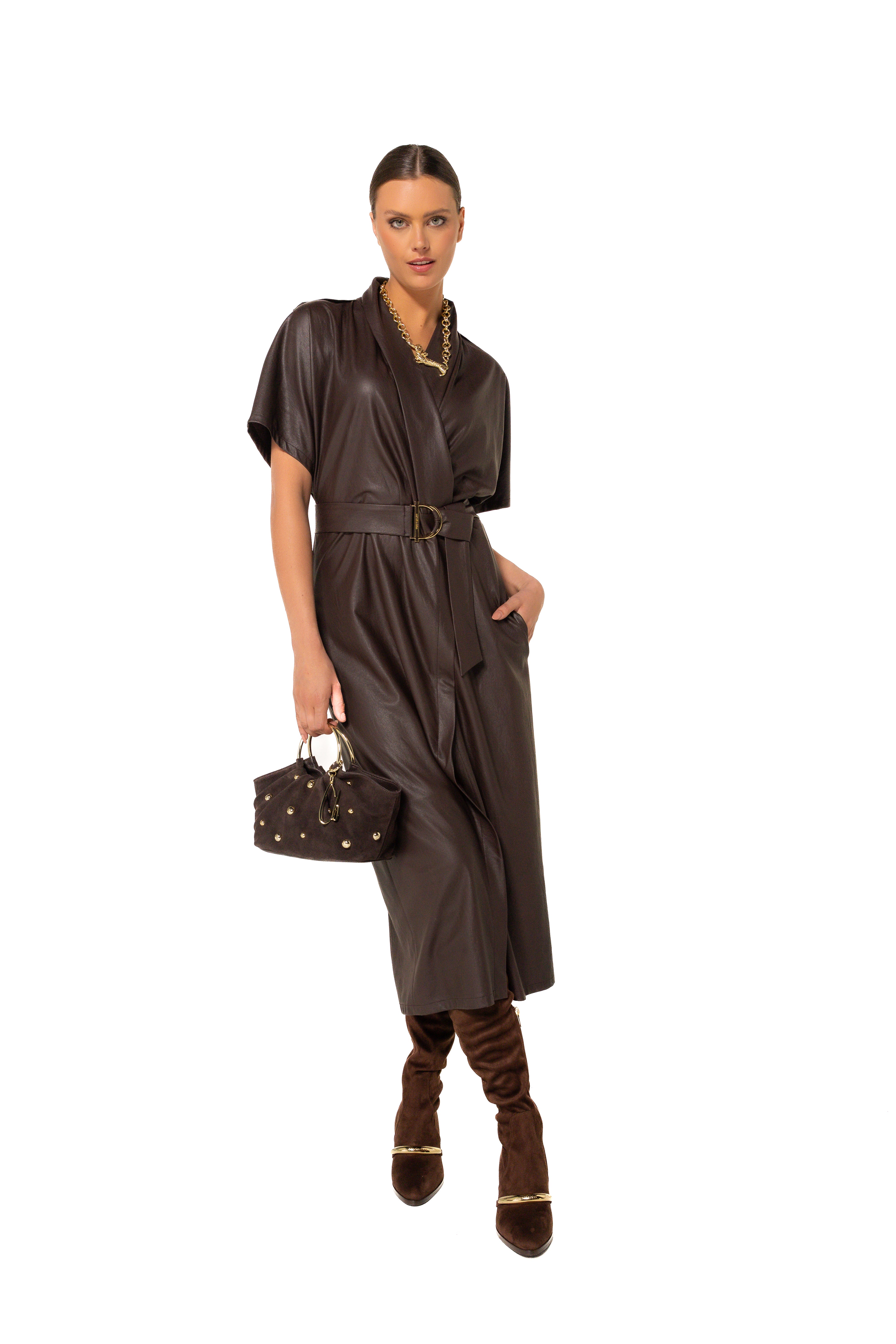 CAROLINE BISS BROWN LEATHER DRESS 4164 225