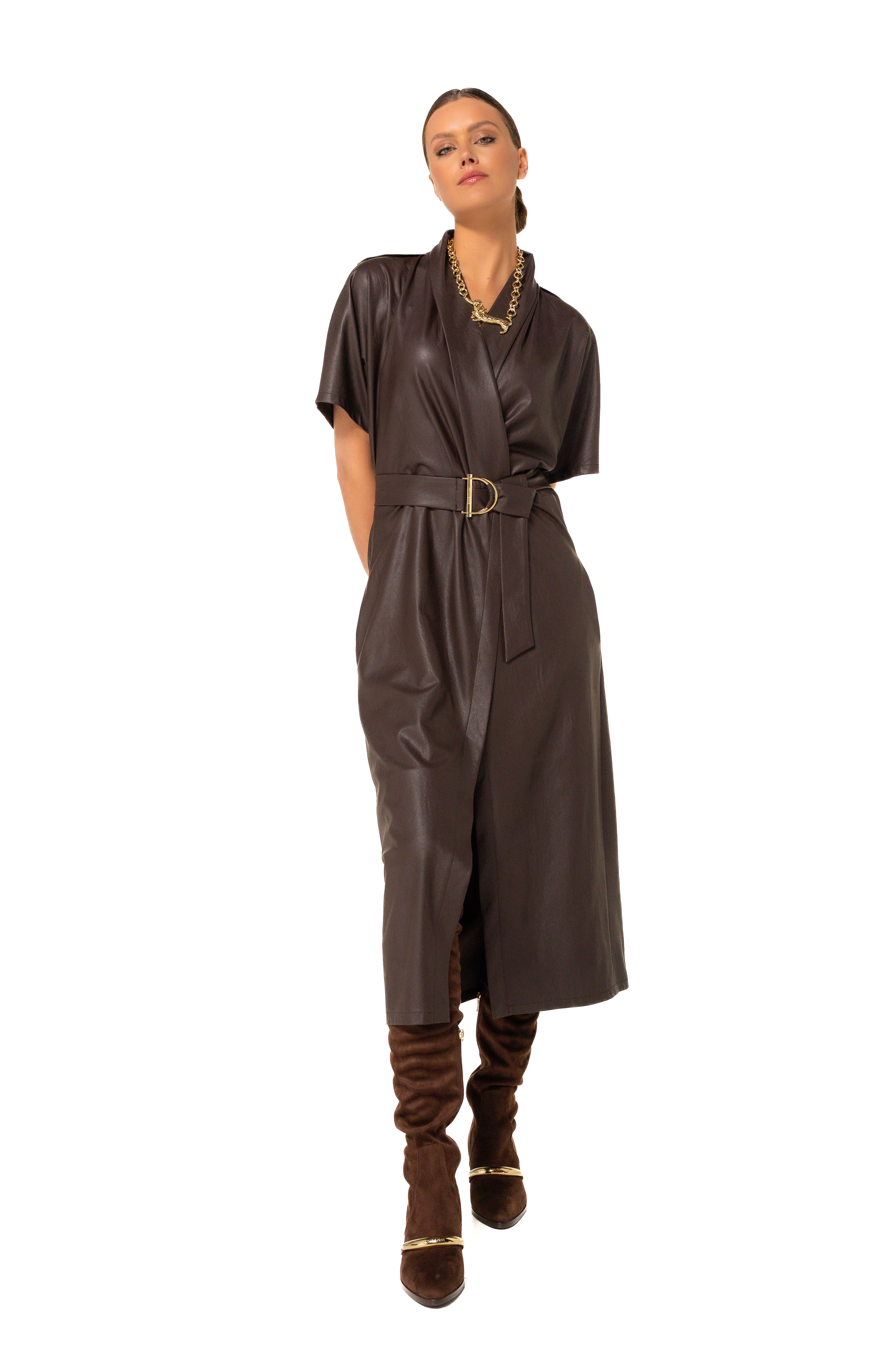 CAROLINE BISS BROWN LEATHER DRESS 4164 225