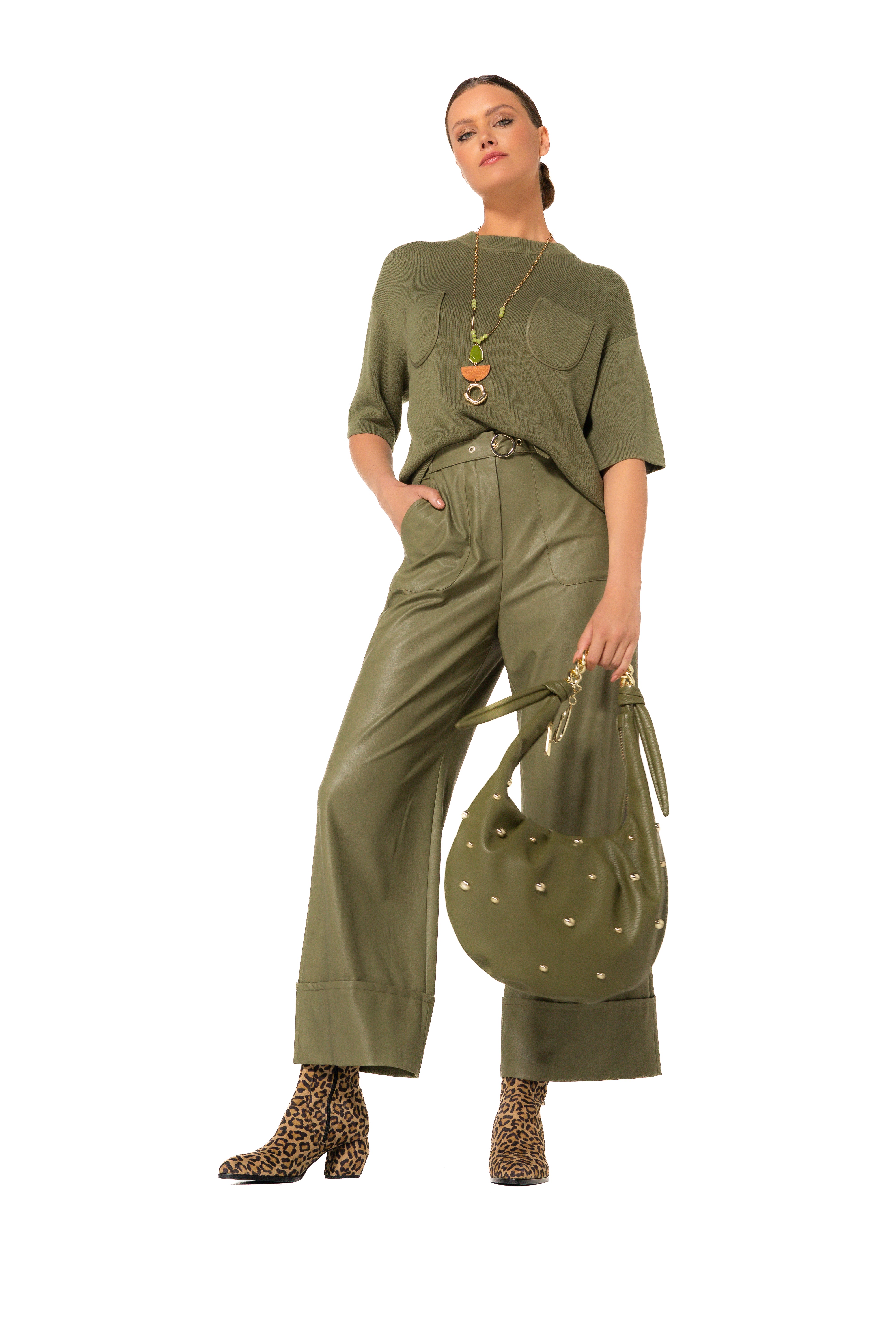 CAROLINE BISS OLIVE WIDE LEG PLEATED TROUSERS 4566 225
