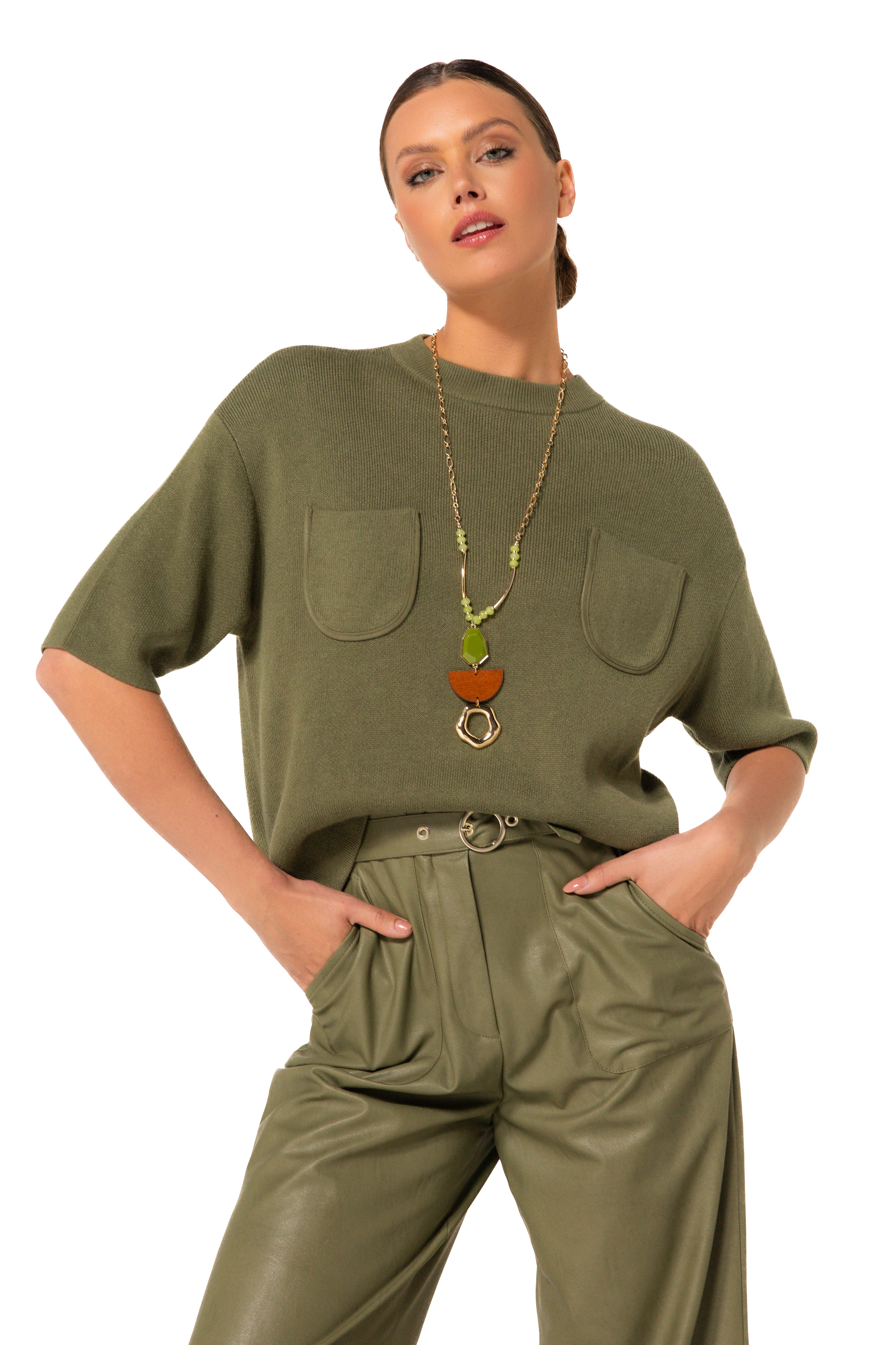 CAROLINE BISS OLIVE WIDE LEG PLEATED TROUSERS 4566 225
