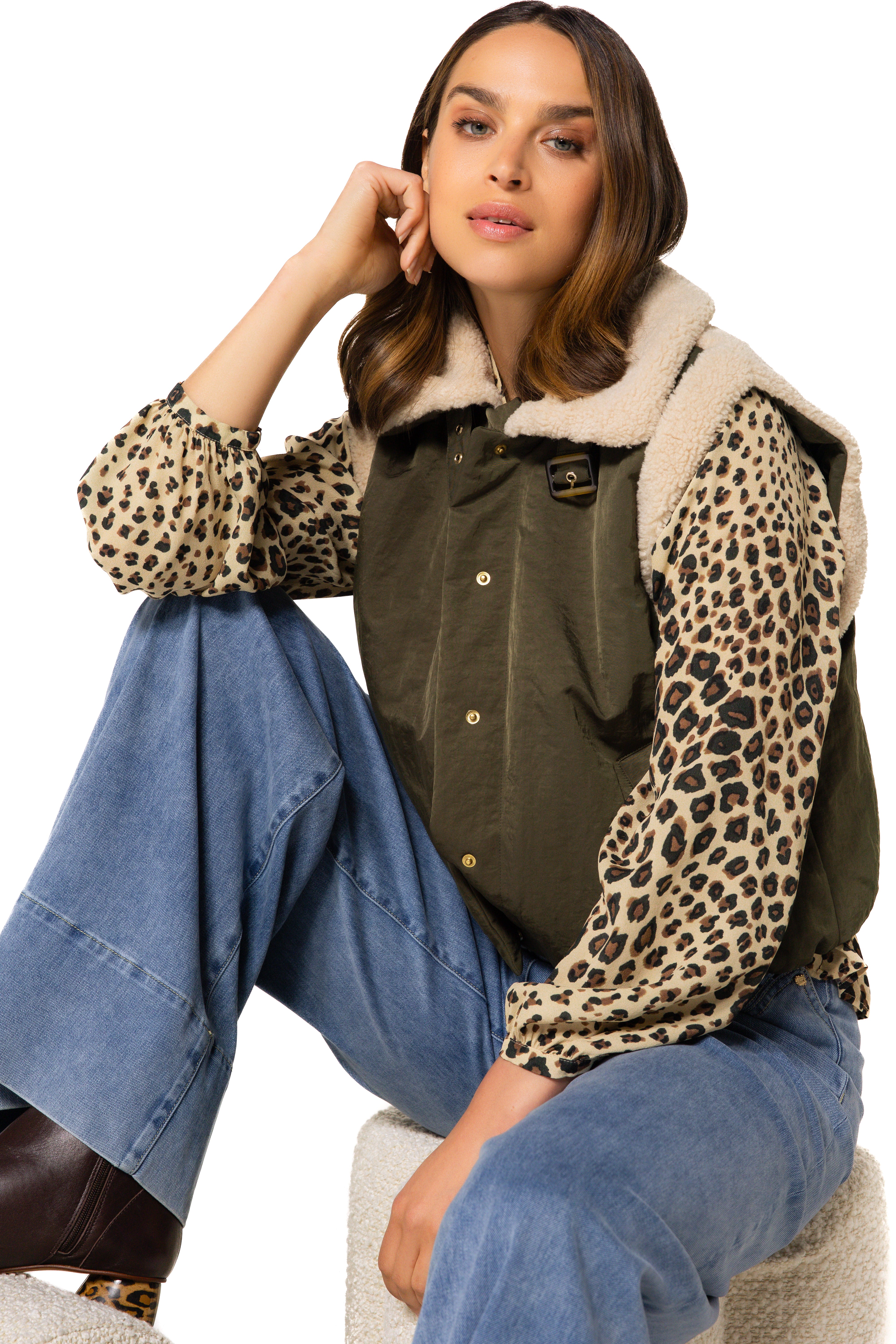 CAROLINE BISS GREEN SHEARLING LINED GILET 4448 225