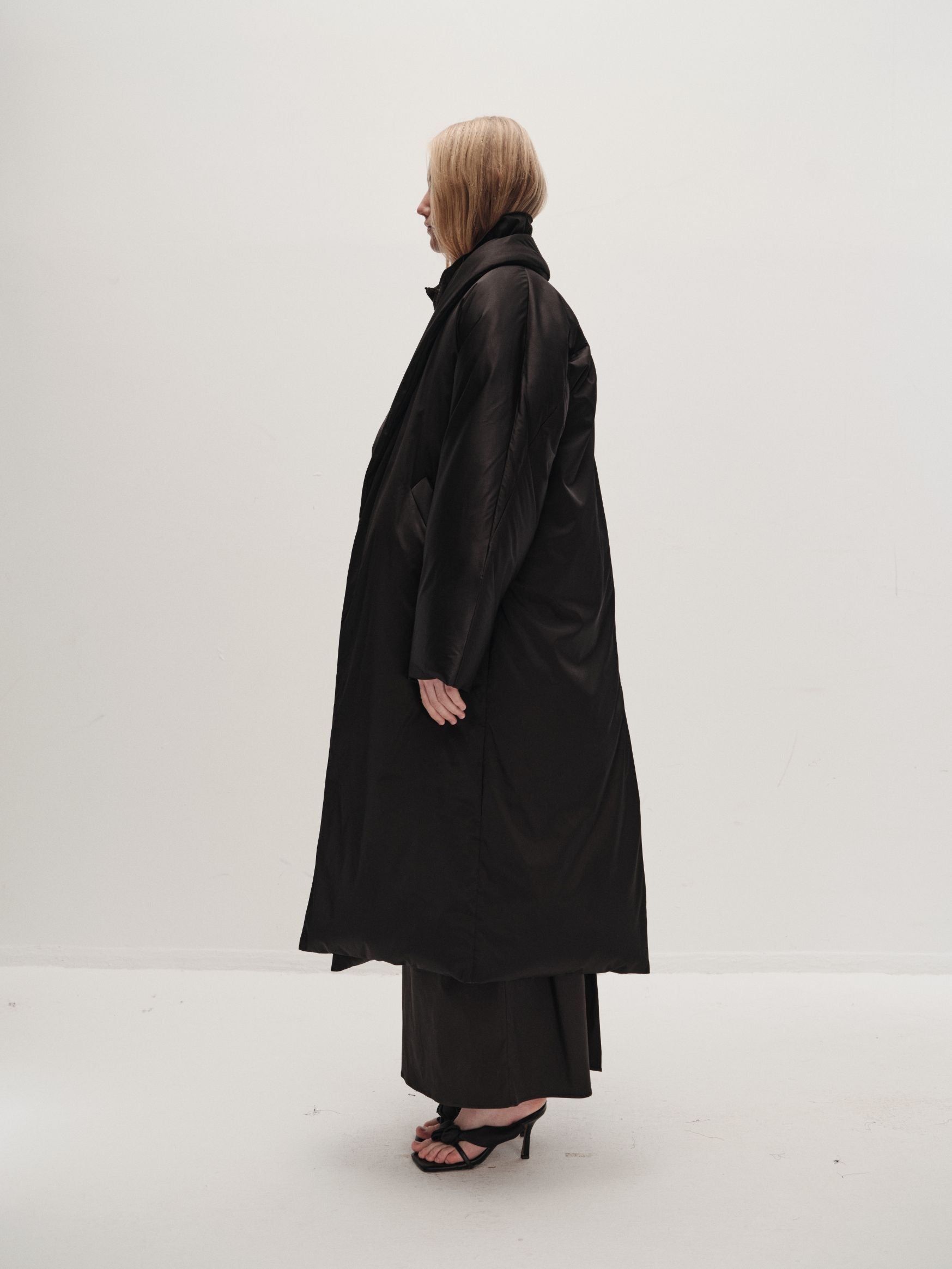VIKTORIA CHAN GALA BLACK DOWN SATIN LONG COAT 225