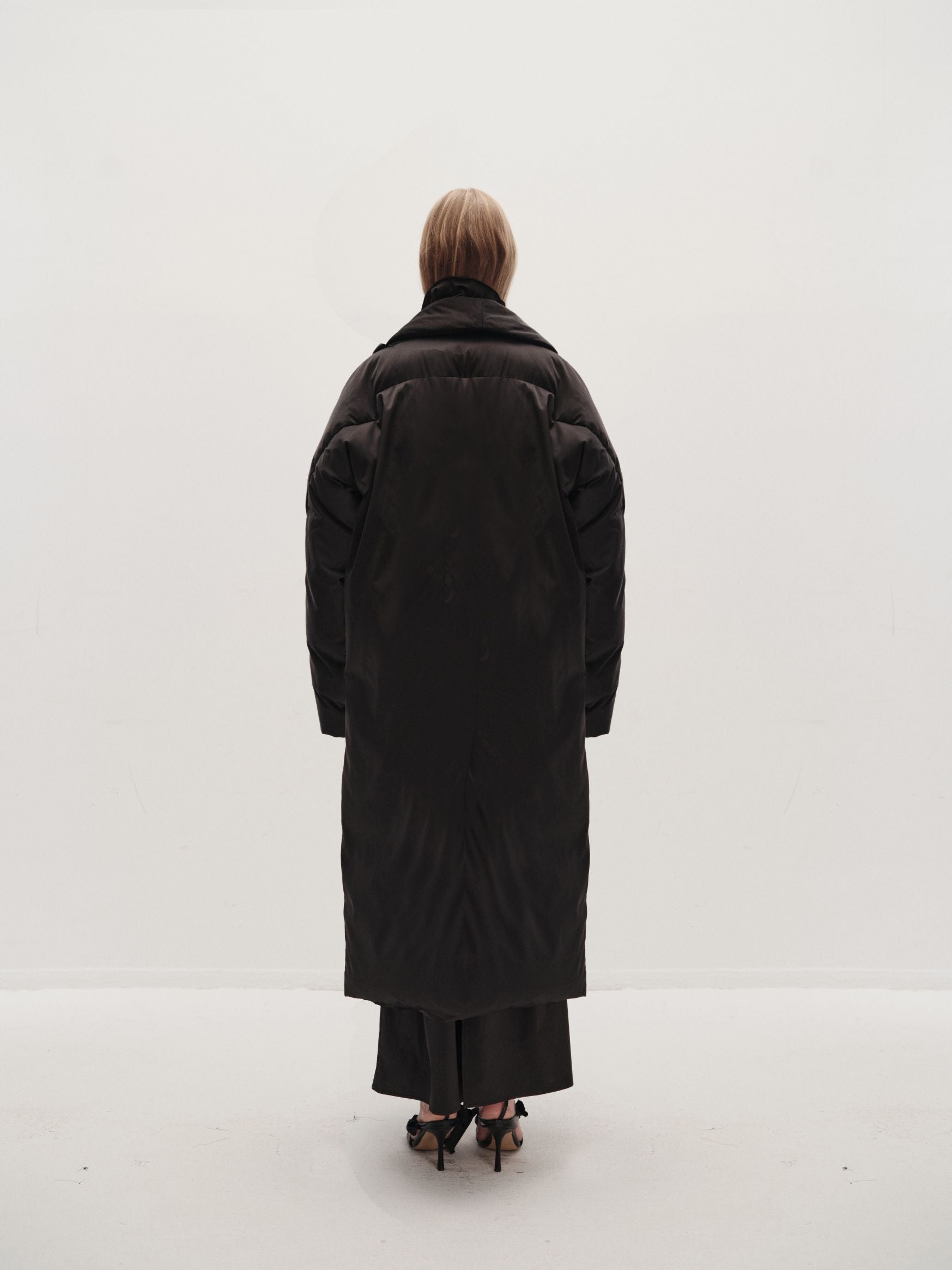 VIKTORIA CHAN GALA BLACK DOWN SATIN LONG COAT 225