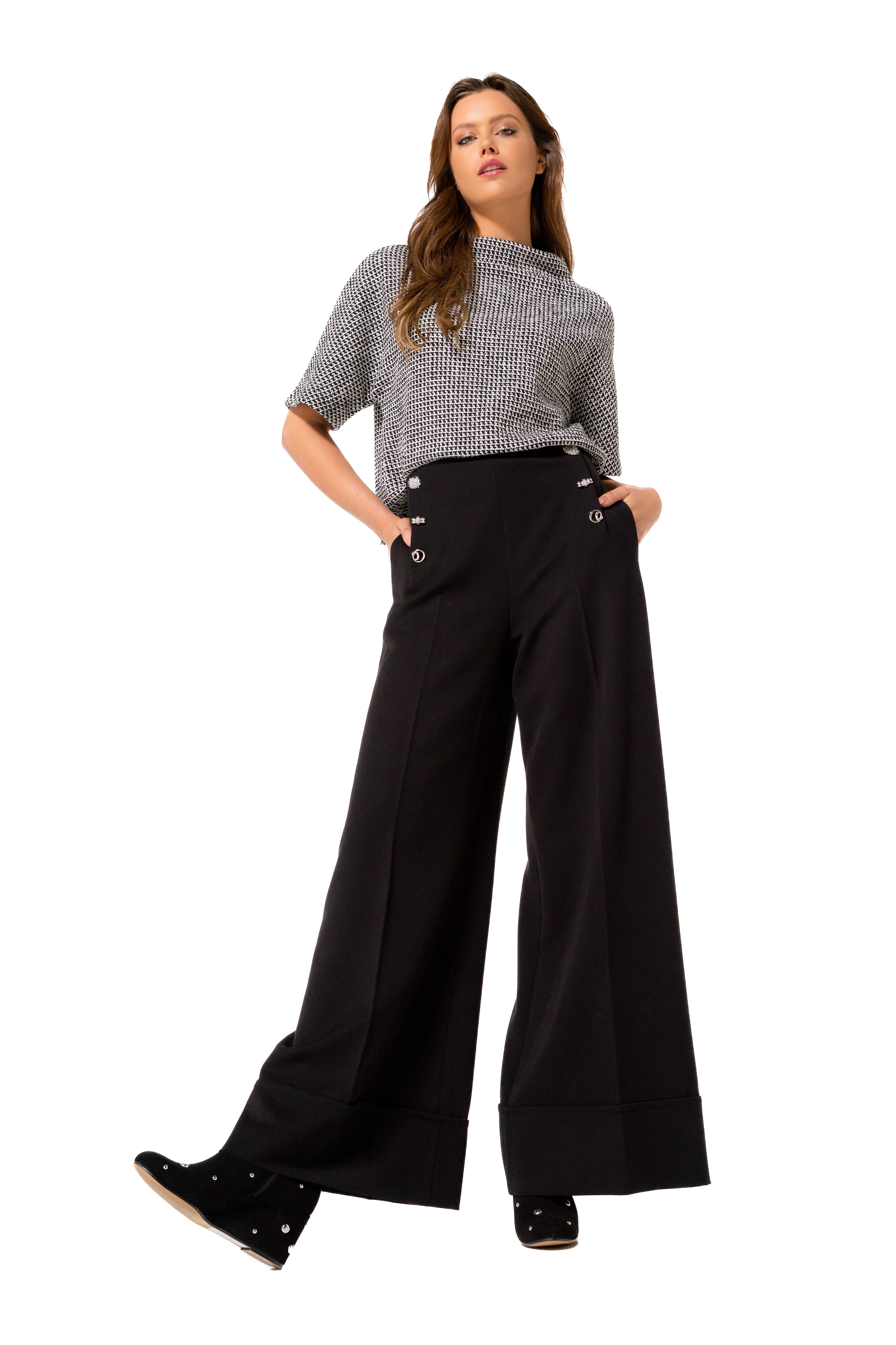 CAROLINE BISS BLACK WIDE LEG BUTTON DETAILED TROUSERS 4587 225