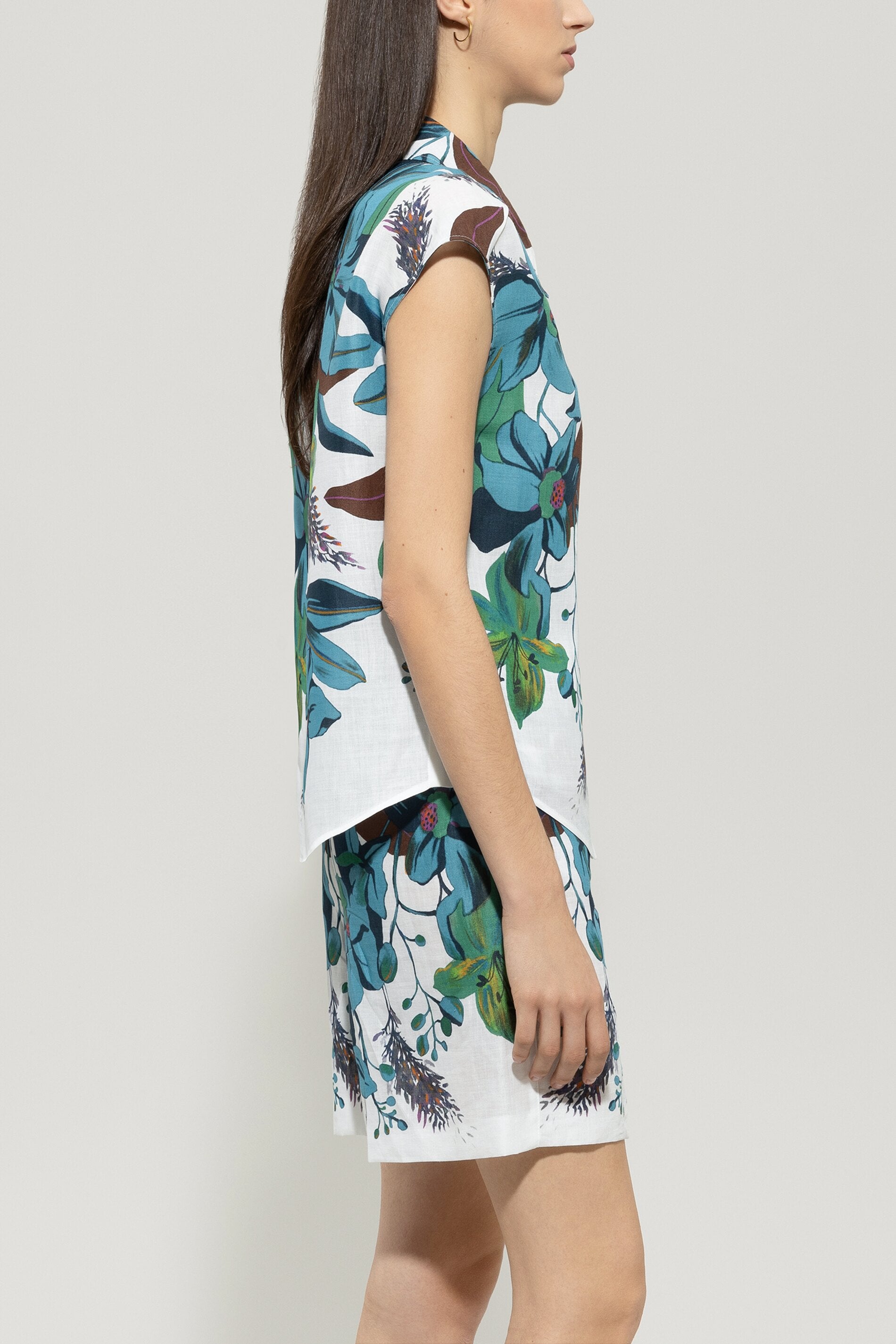 LUISA CERANO TEAL FLORAL LINEN BLOUSE 218539 125