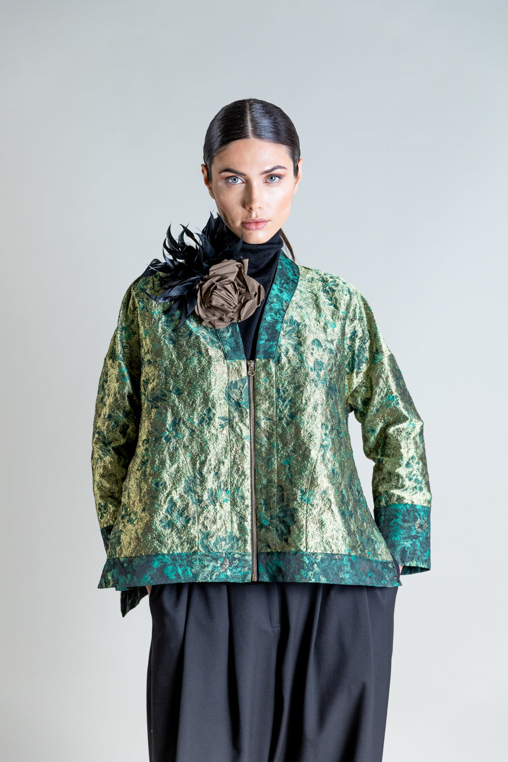 MACBEES PSOPHIA GREEN JACQUARD ZIP JACKET 238JKT2064 224