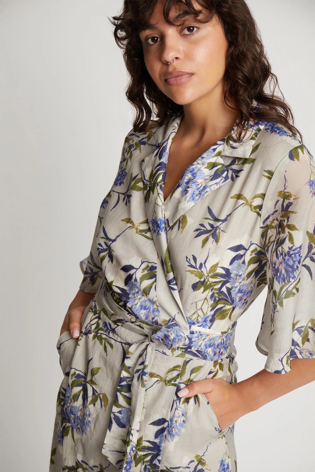 MUNTHE SECHA GREY FLORAL LONG WRAP DRESS 125