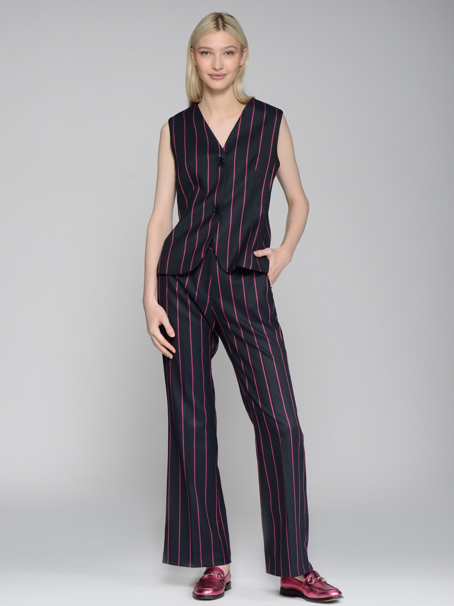 VILAGALLO NAVY PINK STRIPE WIDE LEG TROUSERS 31677 224