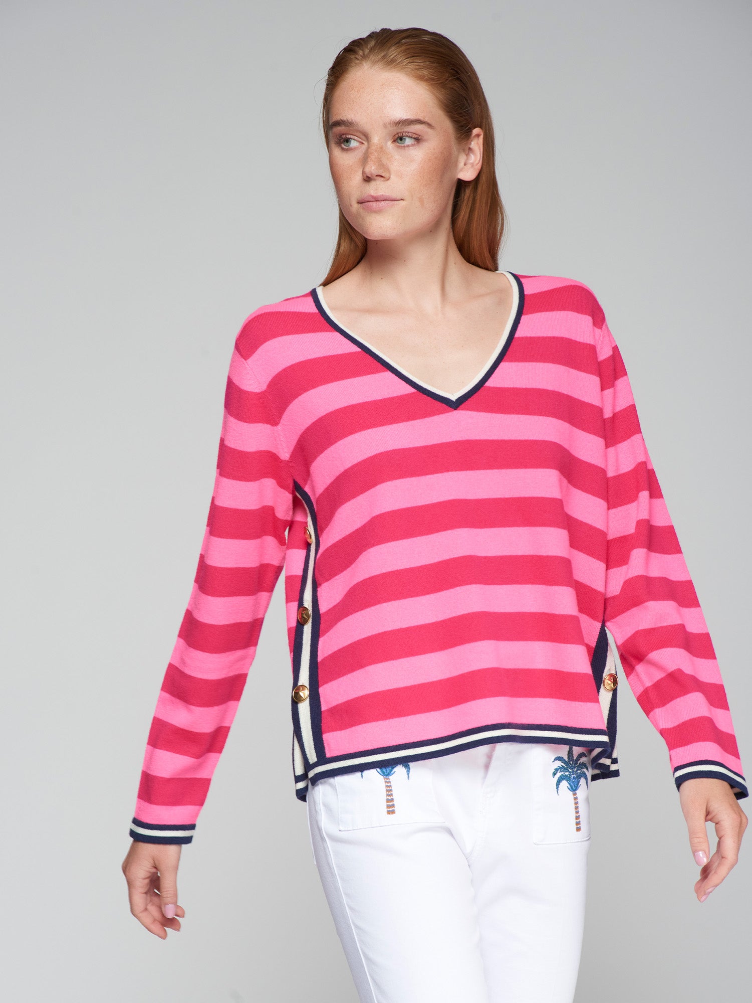 VILAGALLO JERSEY PINK V-NECK STRIPE CARDIGAN 32146 125