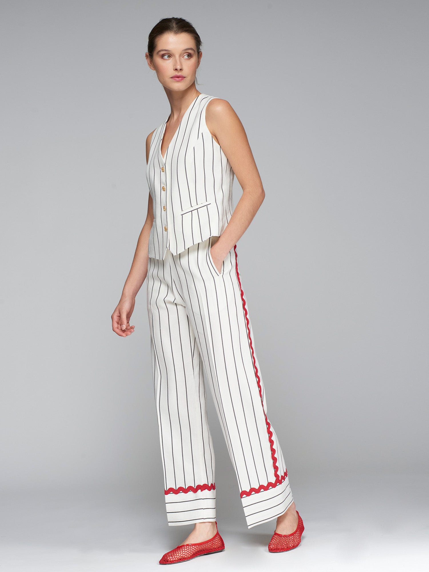 VILAGALLO SANDRA CREAM STRIPE CROPPED TROUSERS  32196 125