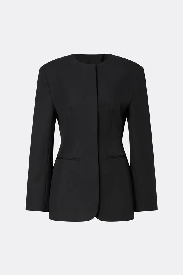 MALINA CAROL BLACK COLLARLESS WOOL-SILK BLAZER 226
