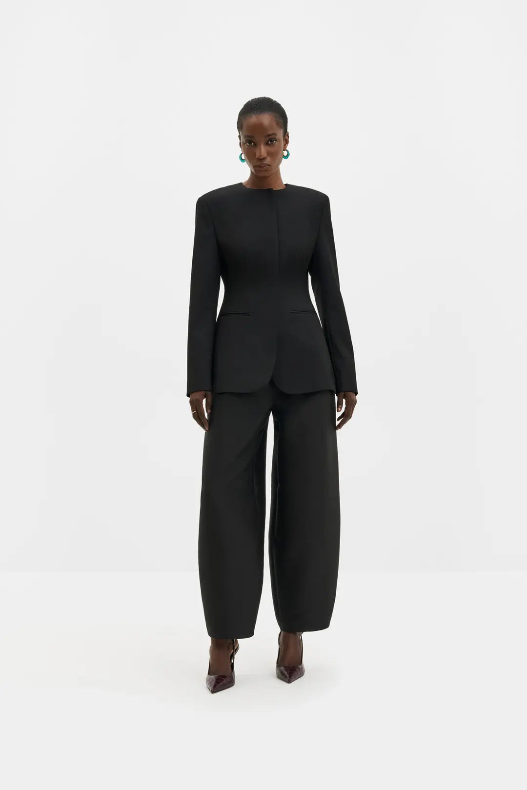 MALINA CAROL BLACK COLLARLESS WOOL-SILK BLAZER 226