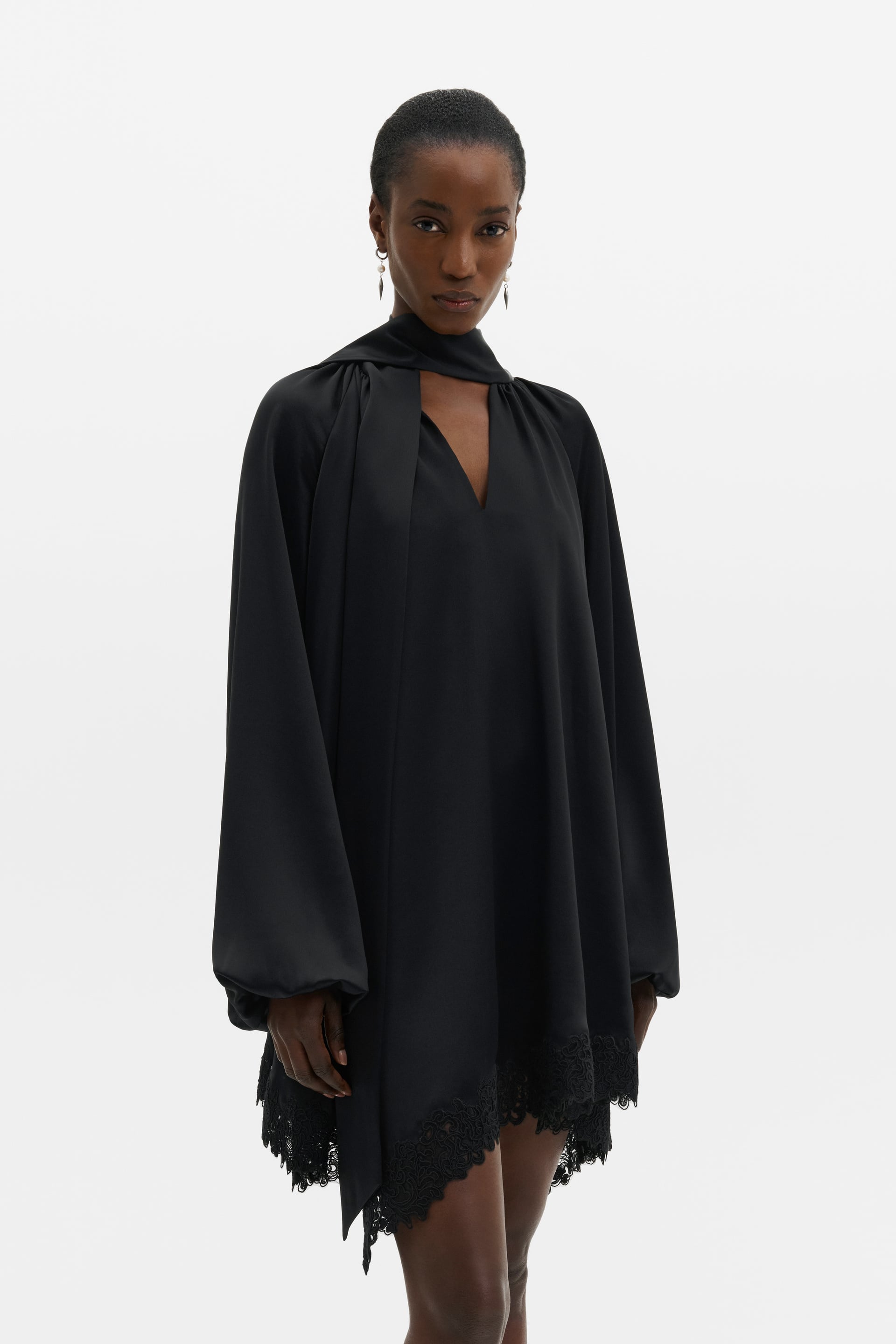 MALINA NOREA BLACK LACE HEM SATIN DRESS 226