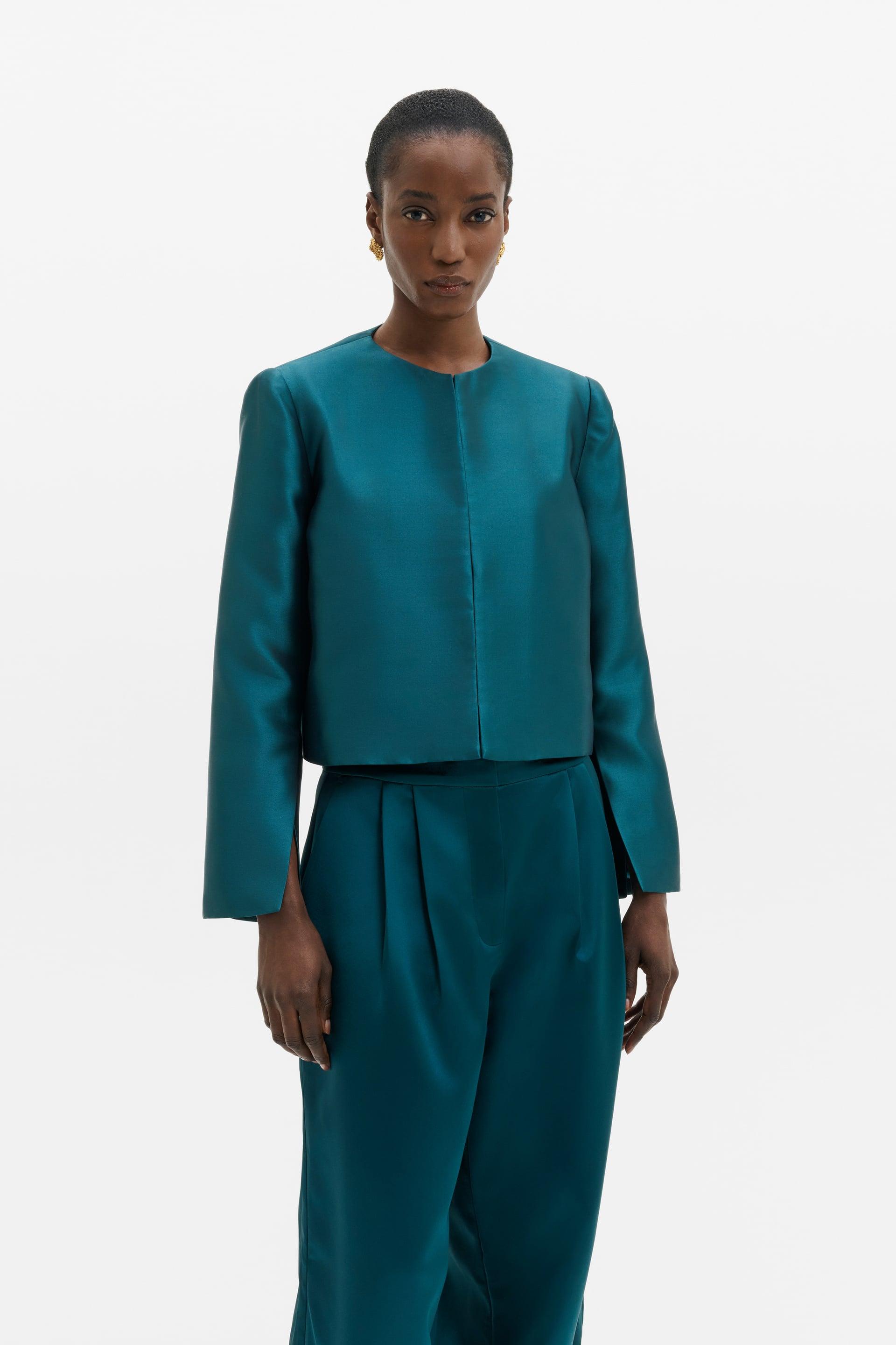 MALINA RUTHIE TEAL SLIT-SLEEVE SATIN BLOUSE 226