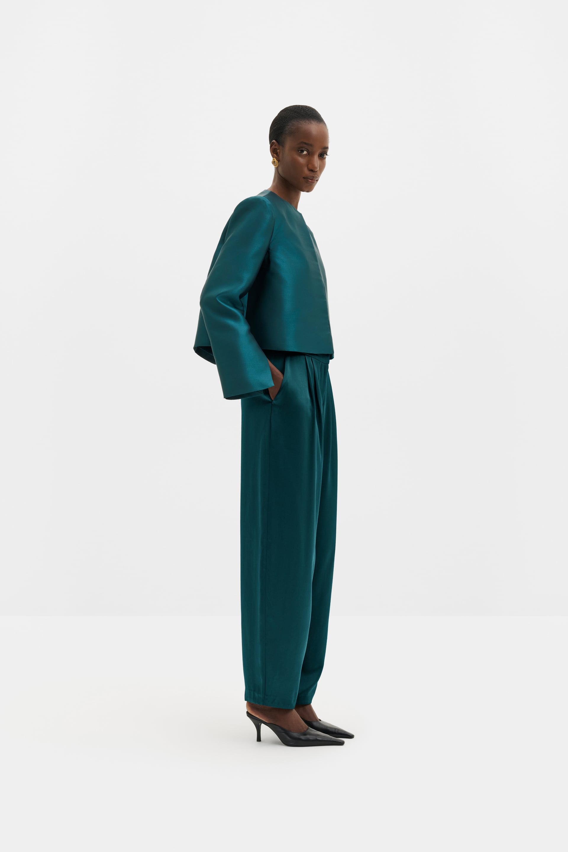 MALINA SMILLA TEAL SATIN BARREL LEG TROUSERS 226