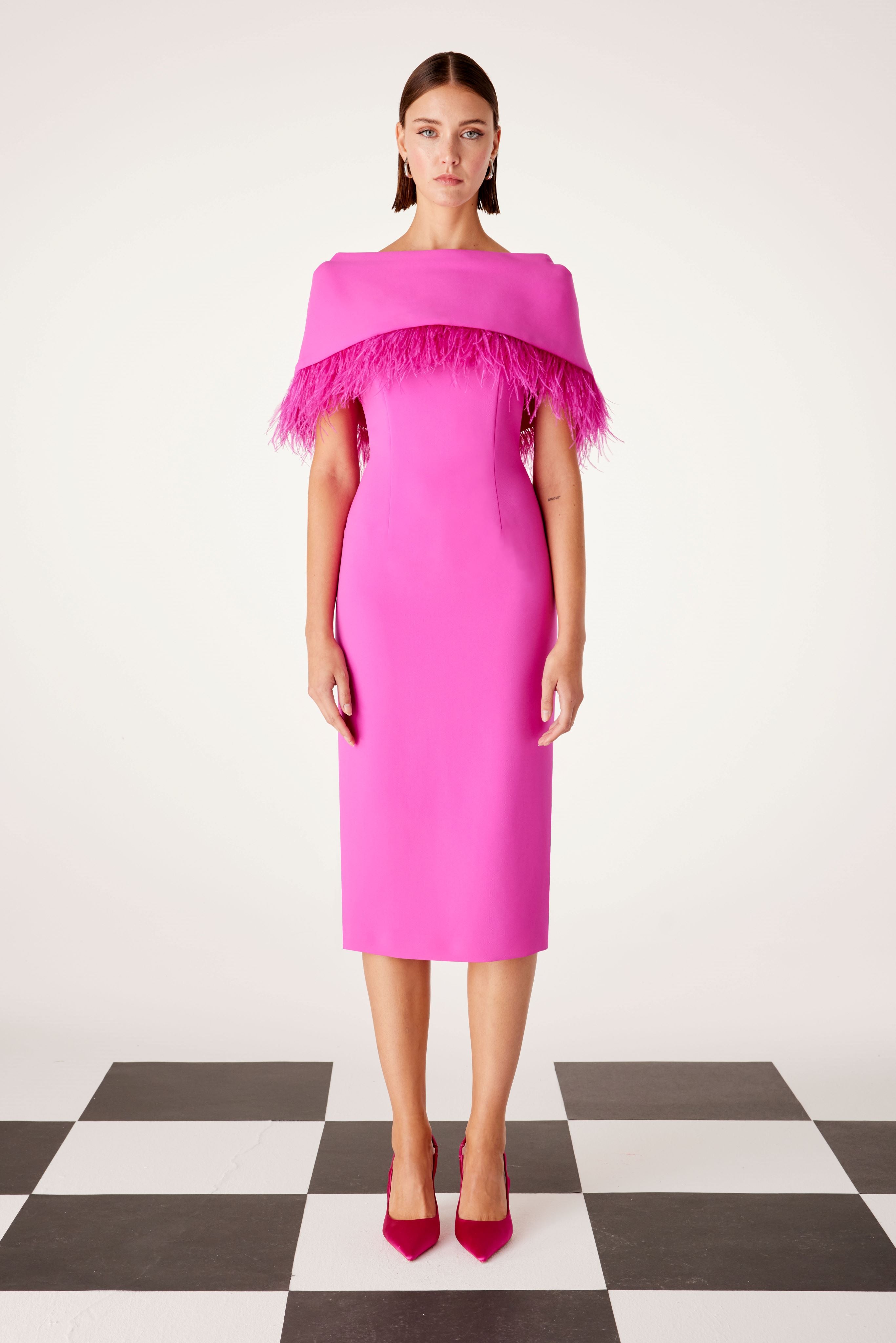 CARLA RUIZ PINK FEATHER CAPE DRESS 51509 125