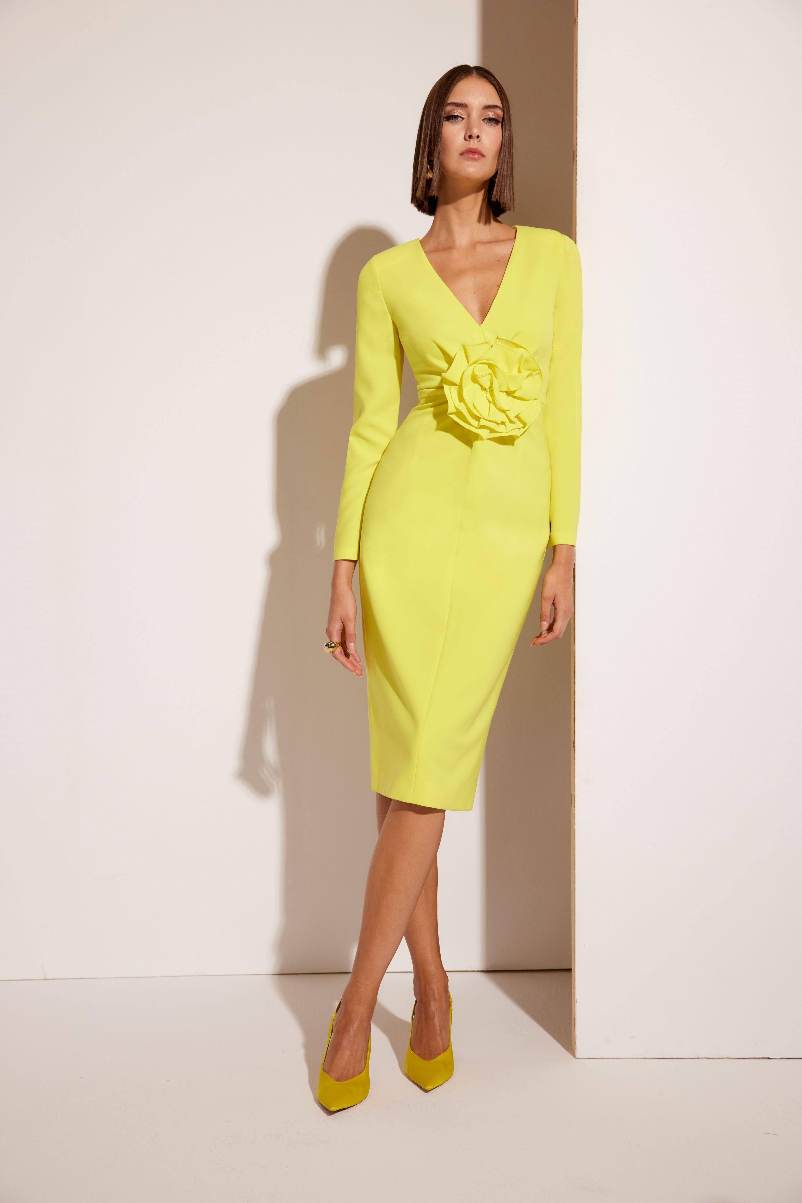 CARLA RUIZ YELLOW V-NECK ROSETTE DRESS 51513 125