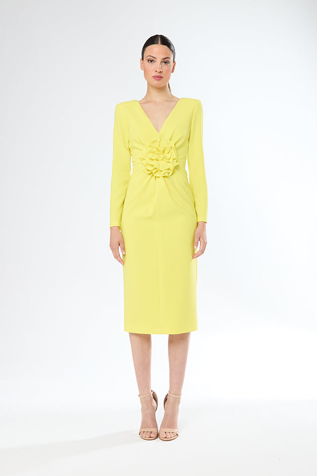 CARLA RUIZ YELLOW V-NECK ROSETTE DRESS 51513 125