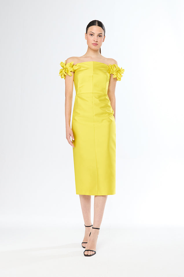 CARLA RUIZ YELLOW ROSETTE SHOULDER DRESS 51529 125