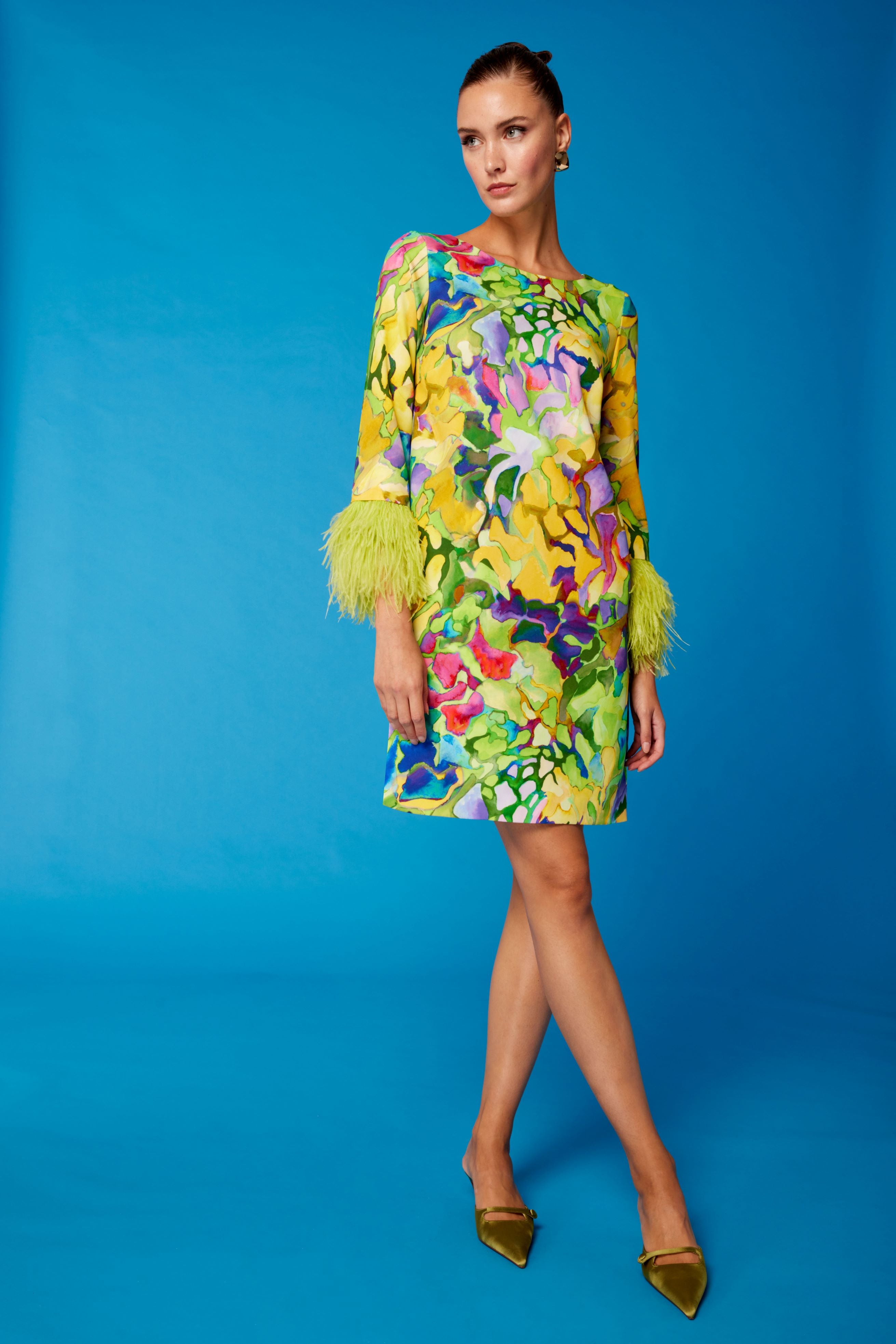 CARLA RUIZ YELLOW PRINT FEATHER TRIM DRESS 51665 125