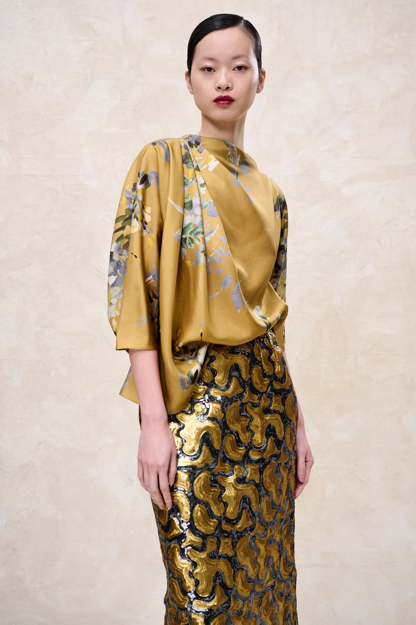 NATAN BOSCO MUSTARD SATIN PRINT BLOUSE NAEC09 224