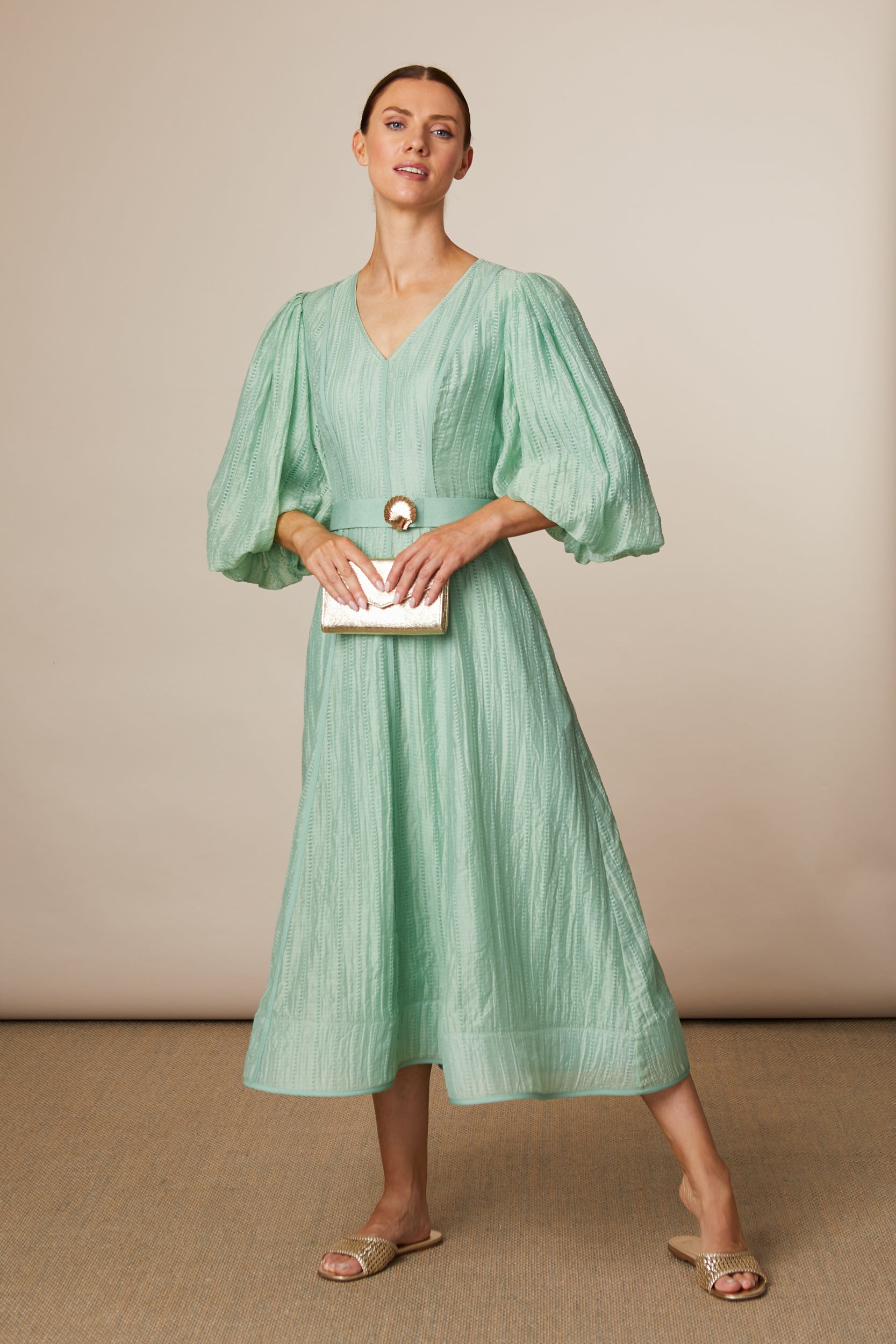FEE G GREEN V NECK LONG DRESS 883B124 KYLIE 126