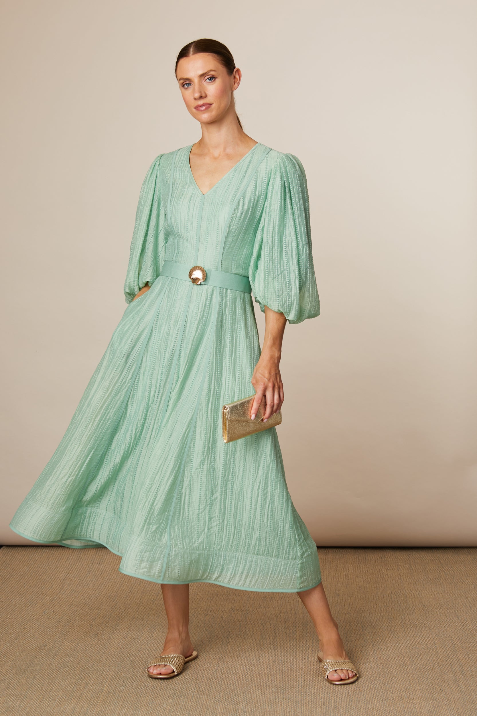 FEE G GREEN V NECK LONG DRESS 883B124 KYLIE 126