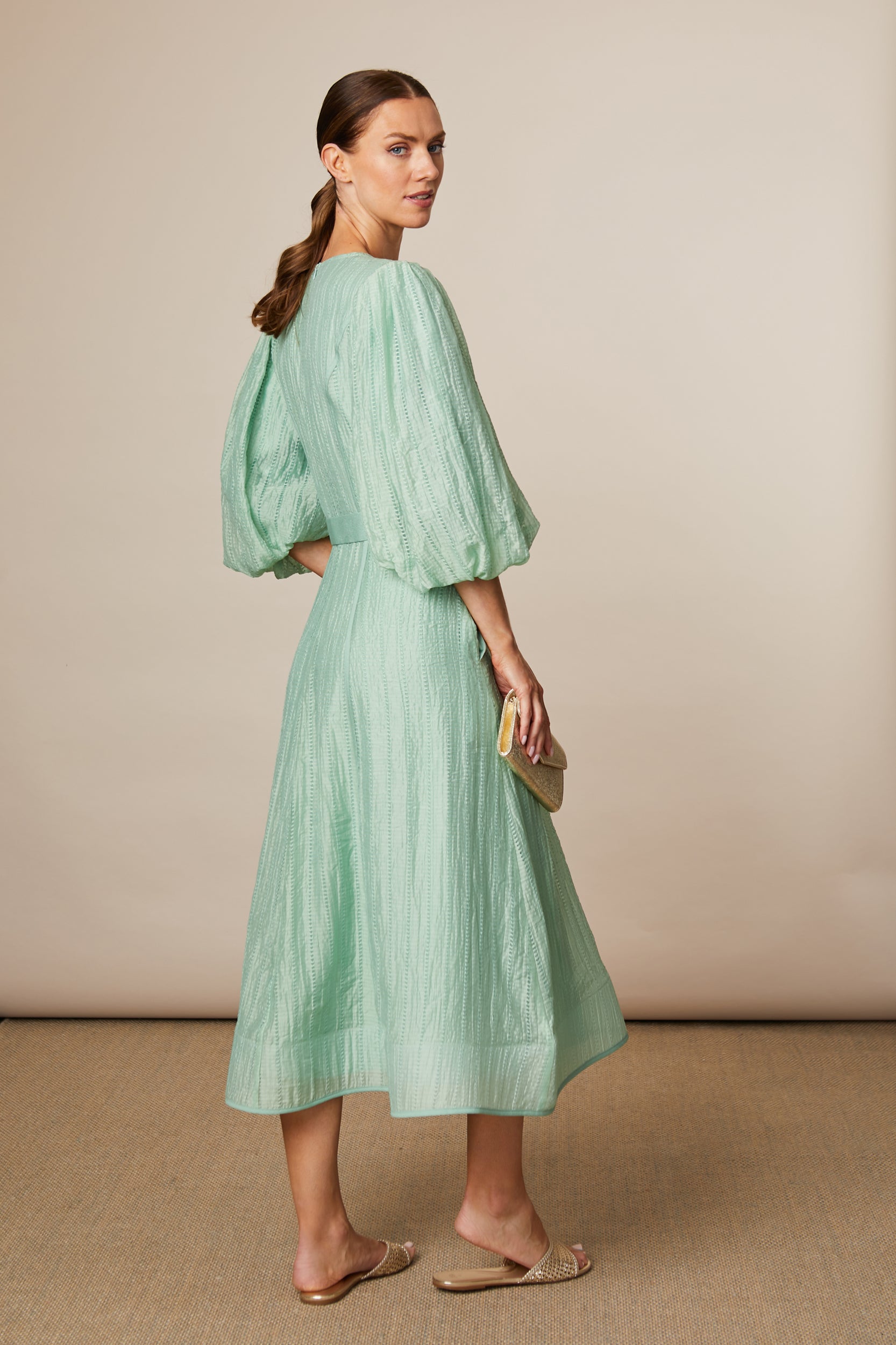 FEE G GREEN V NECK LONG DRESS 883B124 KYLIE 126