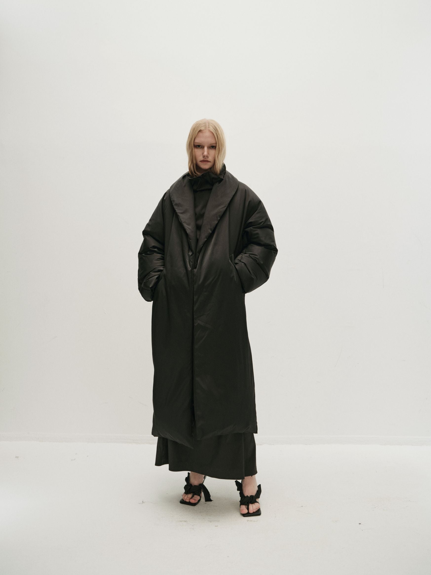 VIKTORIA CHAN GALA BLACK DOWN SATIN LONG COAT 225