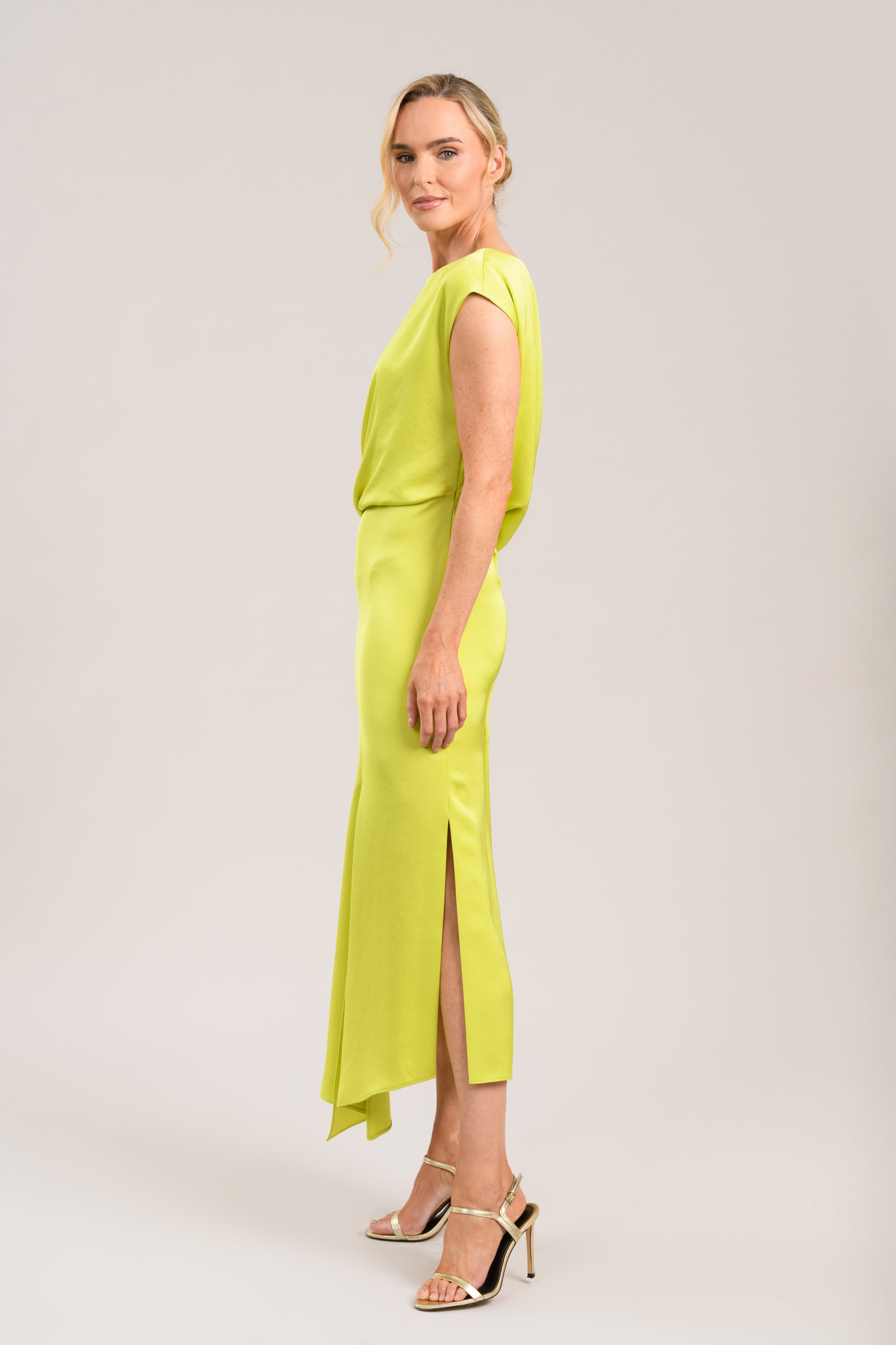 CAROLINE KILKENNY LIME GREEN SATIN DRESS ANIA 126