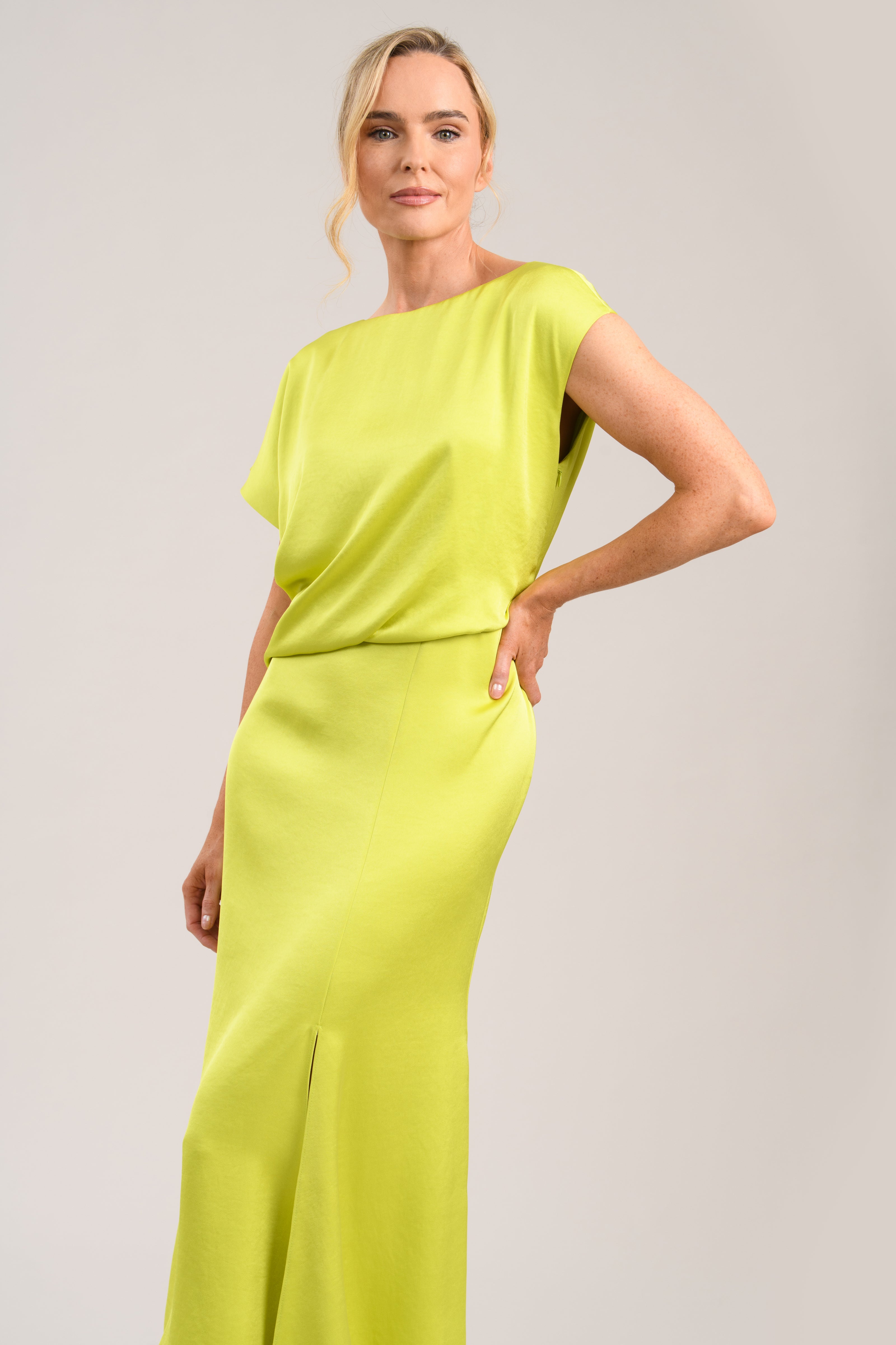 CAROLINE KILKENNY LIME GREEN SATIN DRESS ANIA 126