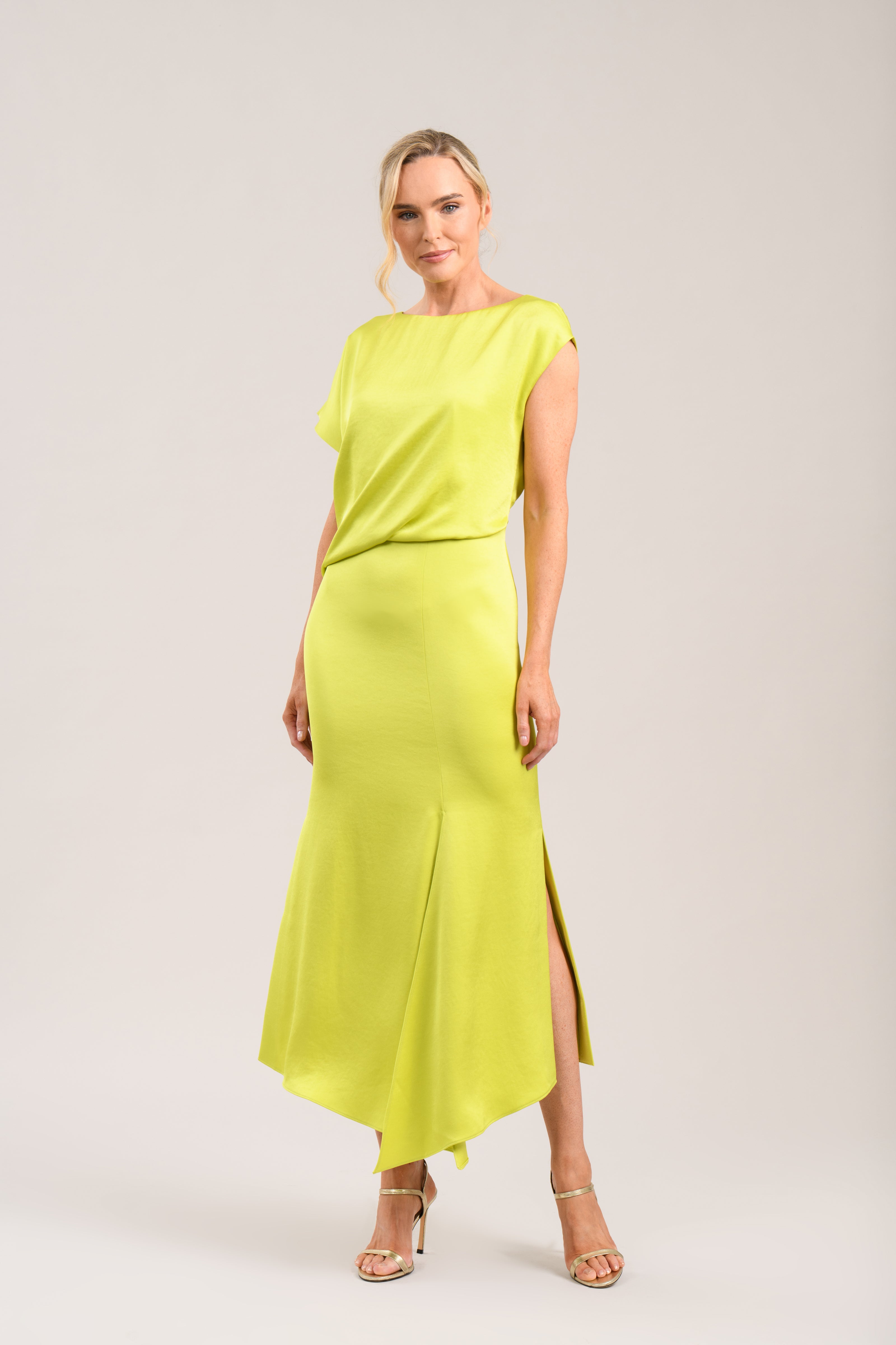 CAROLINE KILKENNY LIME GREEN SATIN DRESS ANIA 126