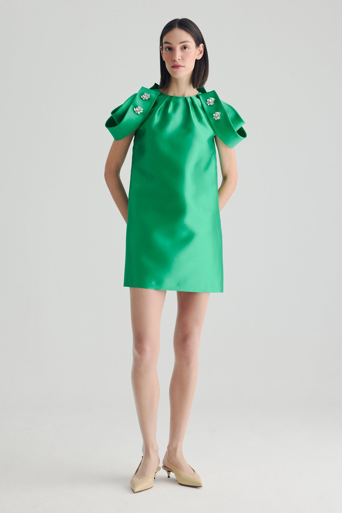 birelin couture green jewelled dress going out wedding guest