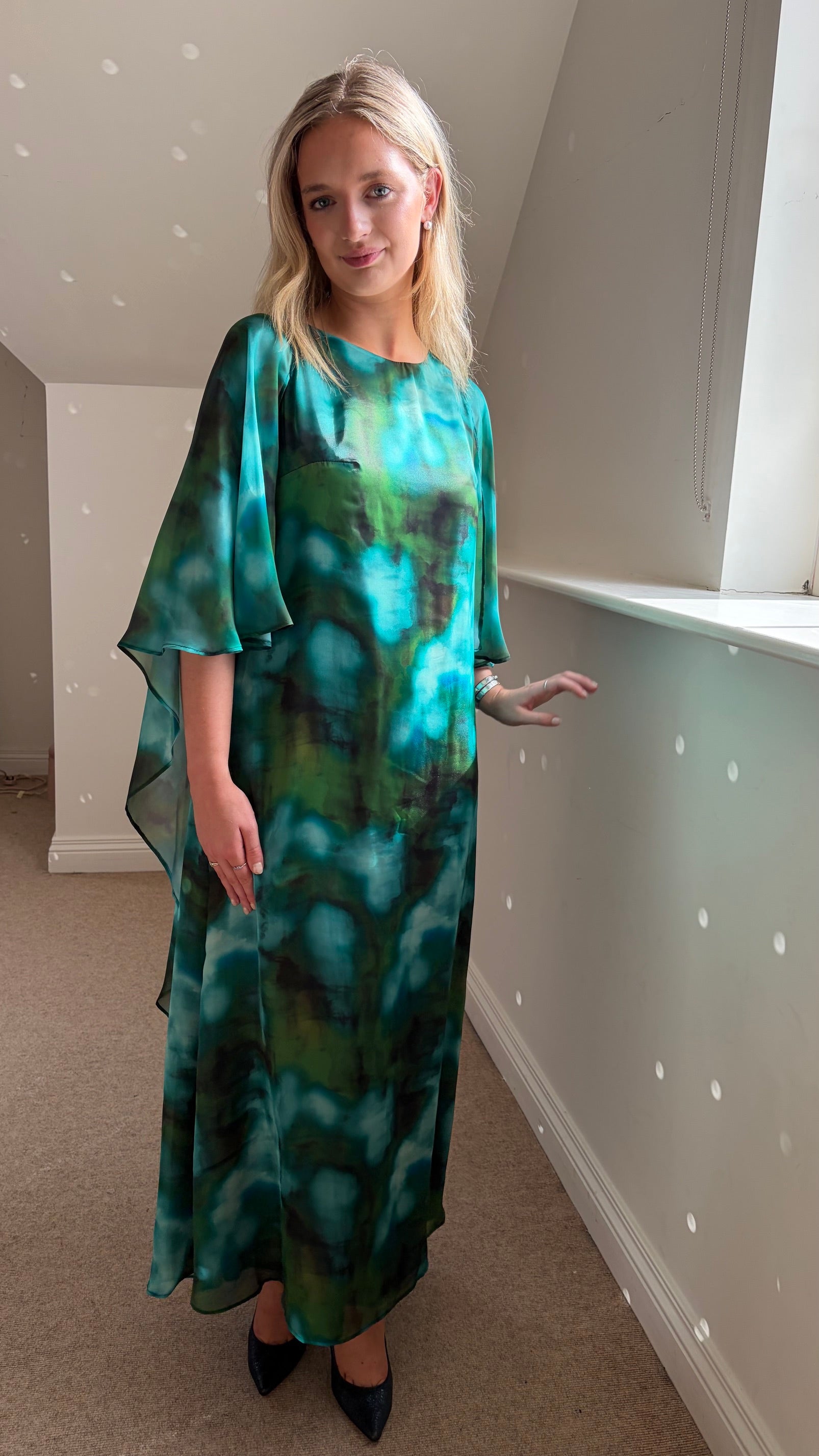 carla ruiz green chiffon cape dress 53125