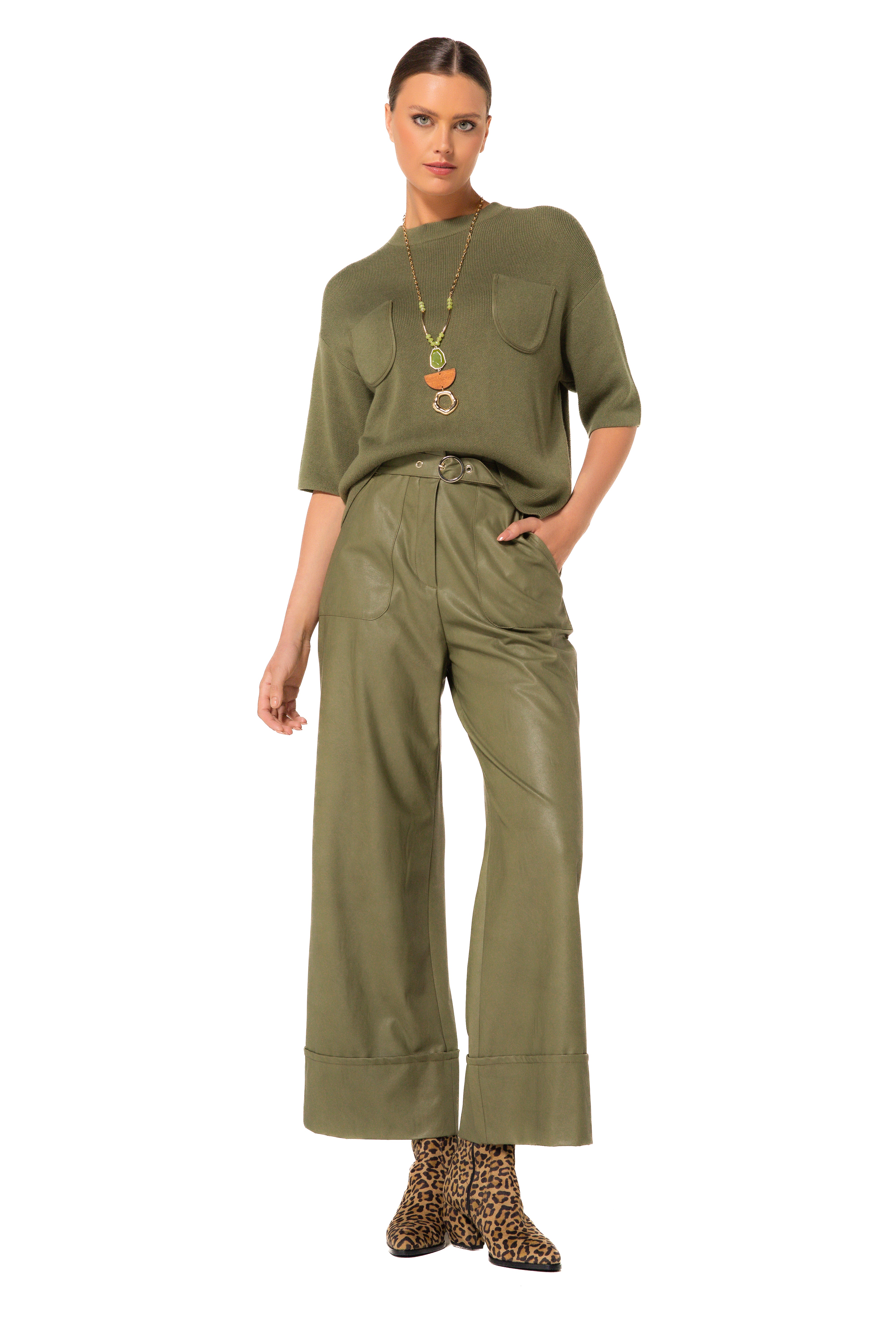 CAROLINE BISS OLIVE WIDE LEG PLEATED TROUSERS 4566 AT MACBEES