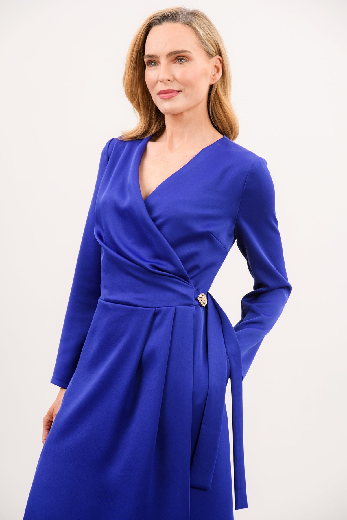 caroline kilkenny kamilla blue satin wrap dress wedding guest