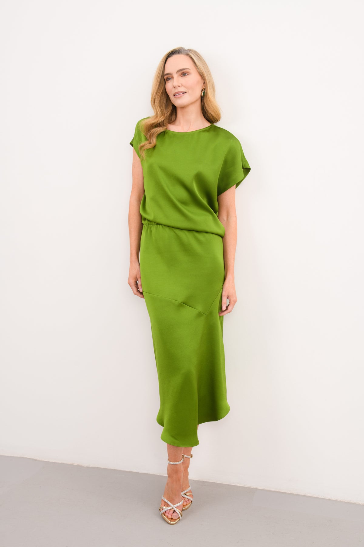 caroline kilkenny ruth lime satin elastic waist dress wedding guest