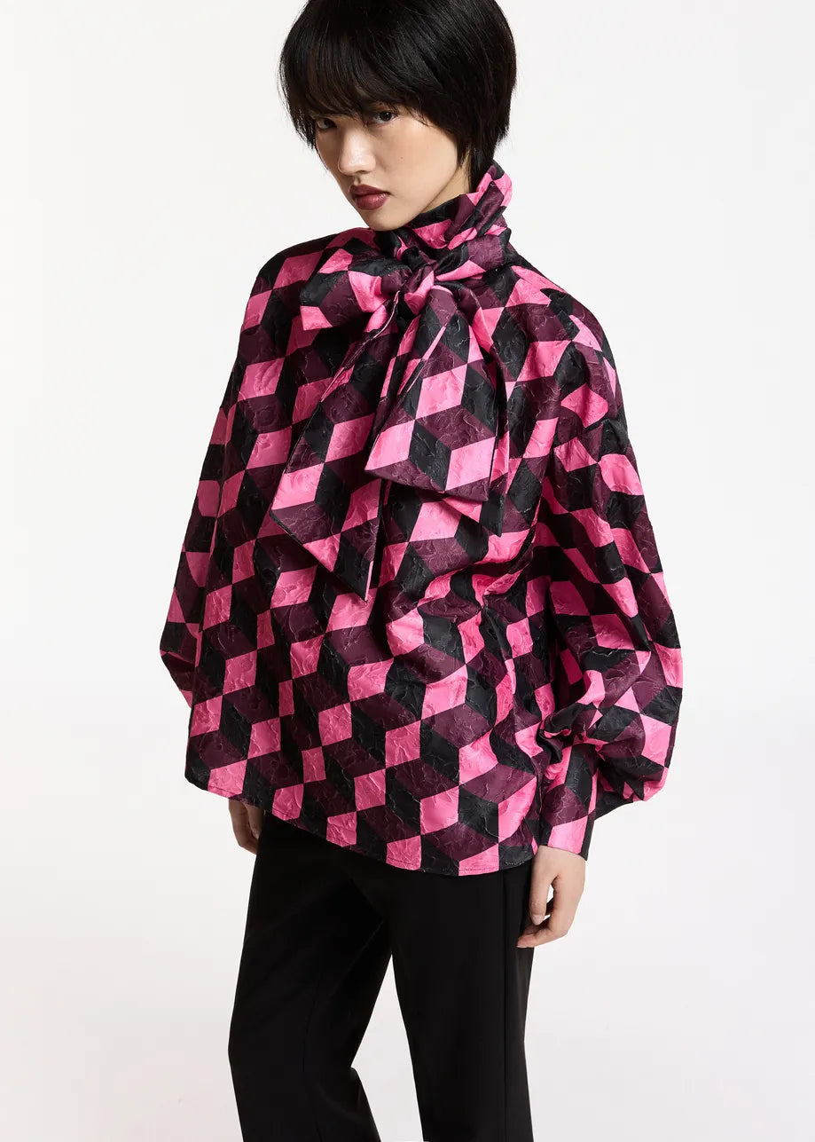 essentiel antwerp black and pink komo pussy bow tie top