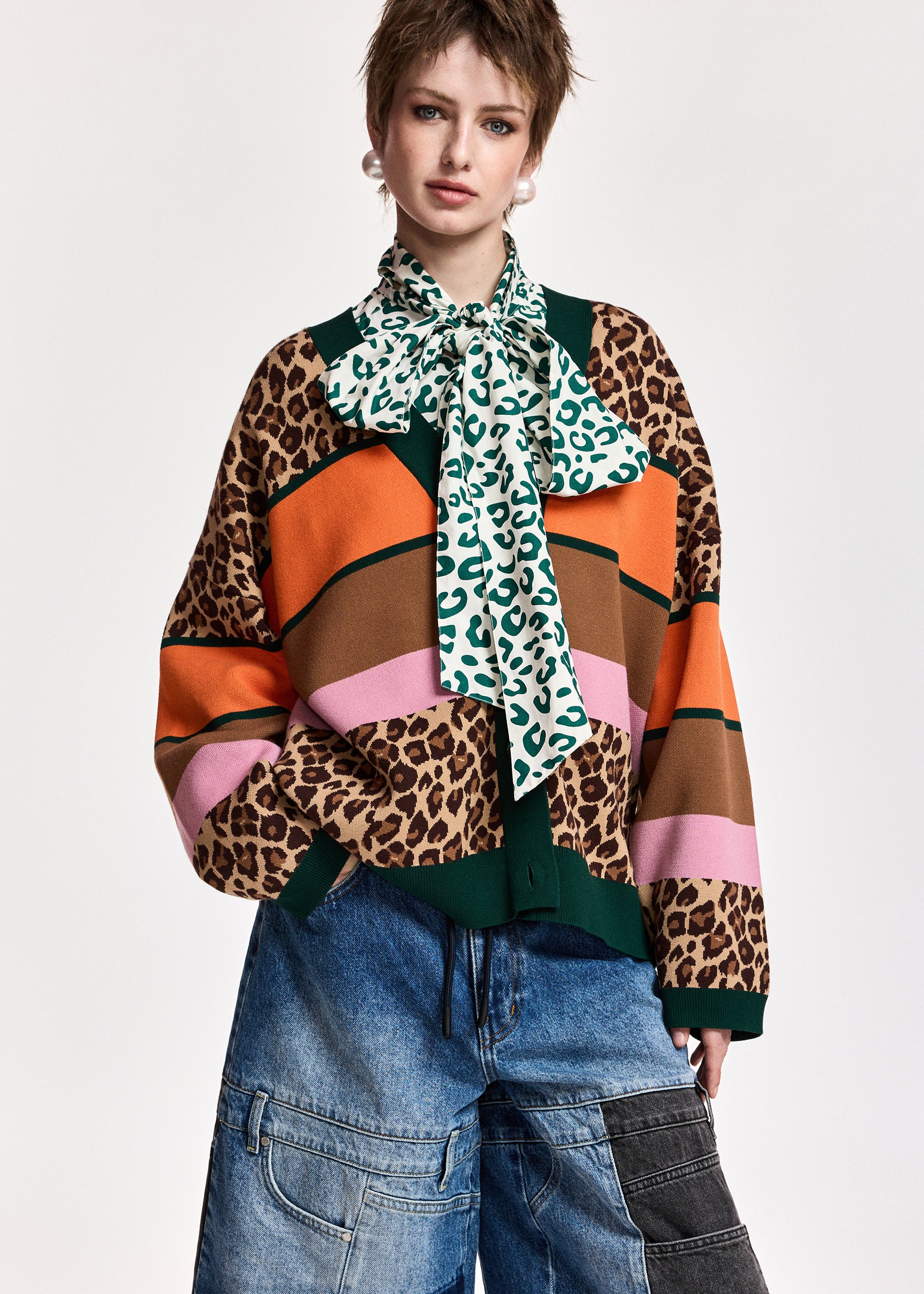 essentiel antwerp kaudi brown and mulitcolor leopard-print color-block cardigan