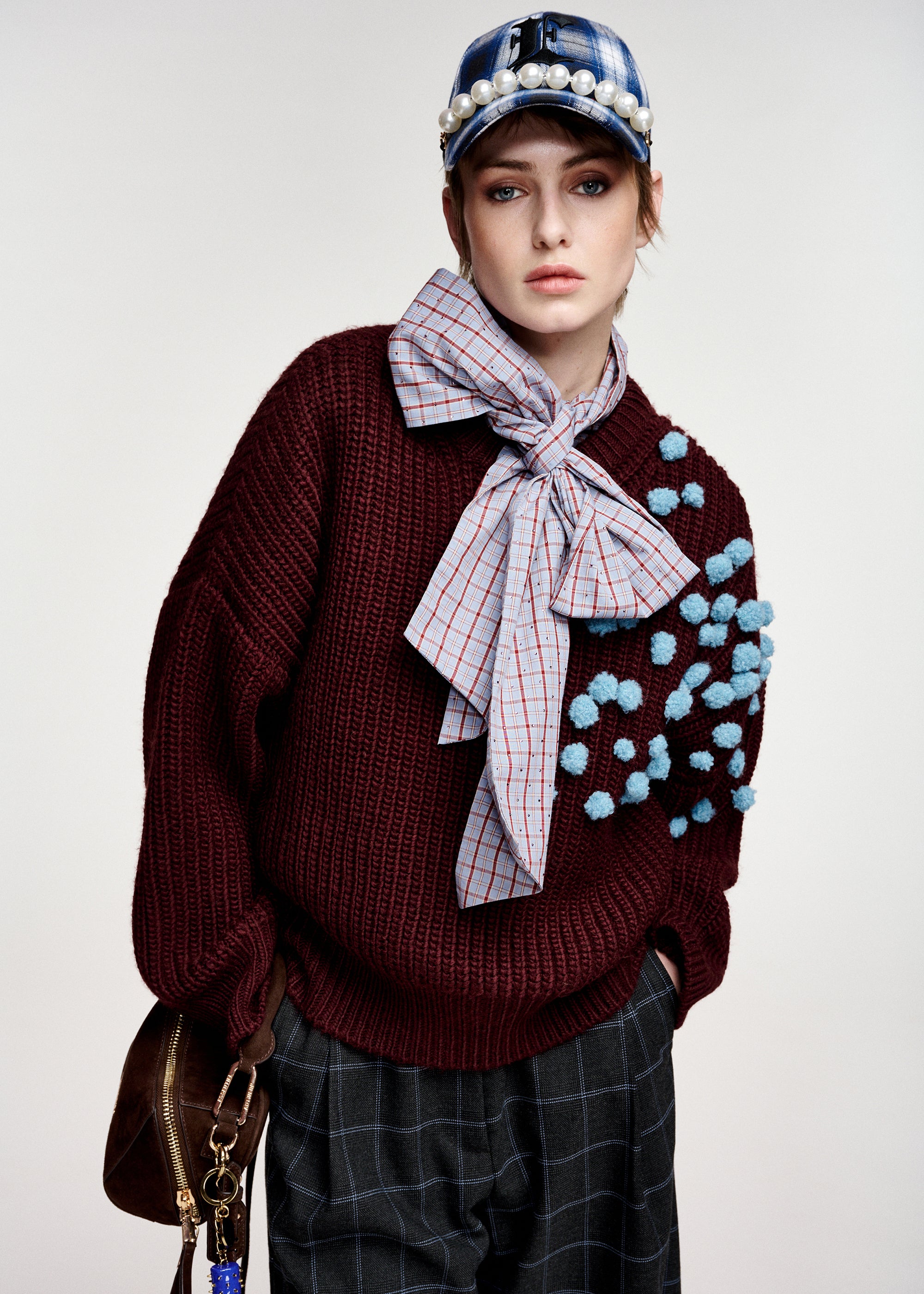 essentiel antwerp wine and blue pompon-embellished knitted everyday casual sweater