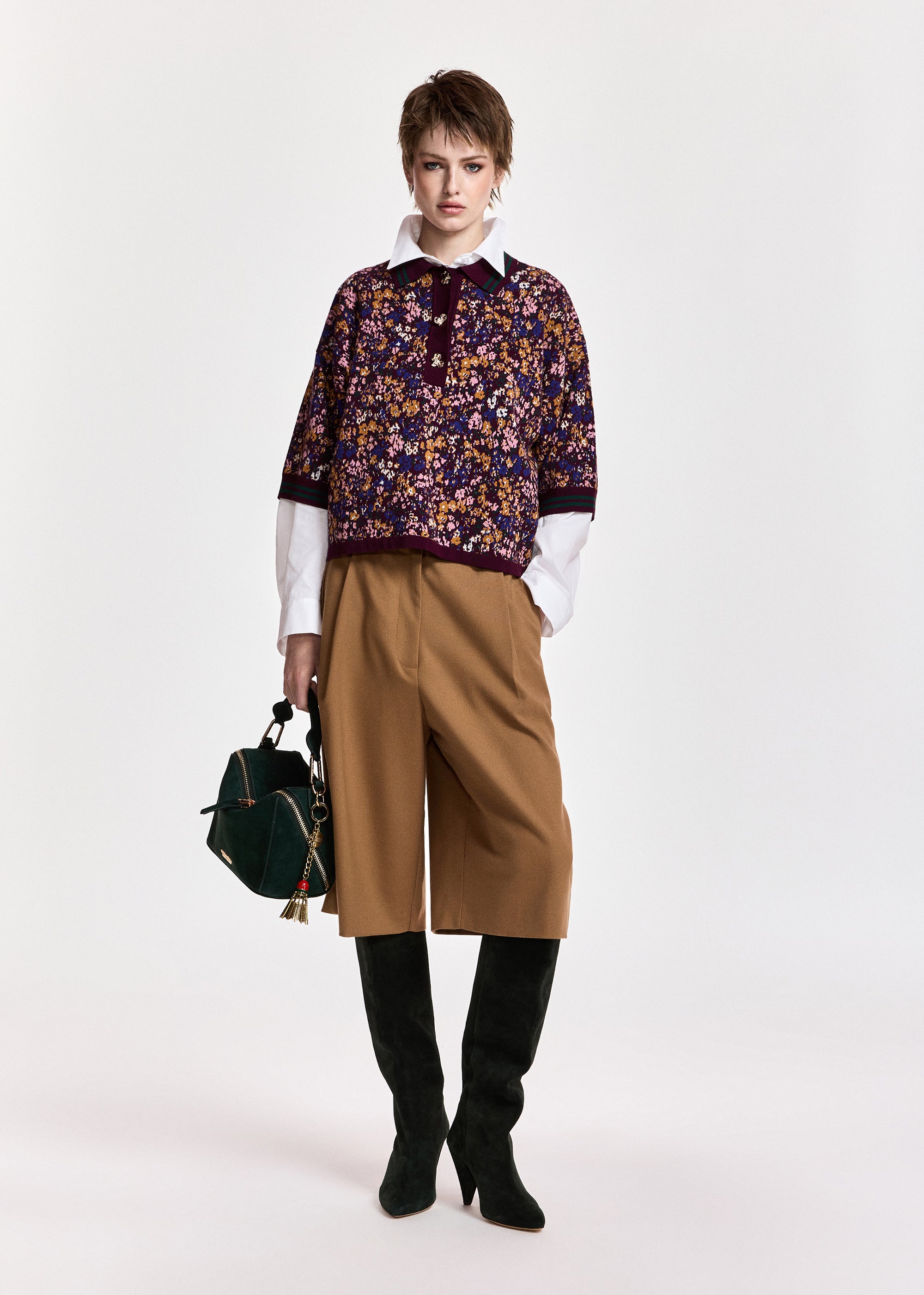 essentiel antwerp kreme camel pleated wide leg bermuda pants