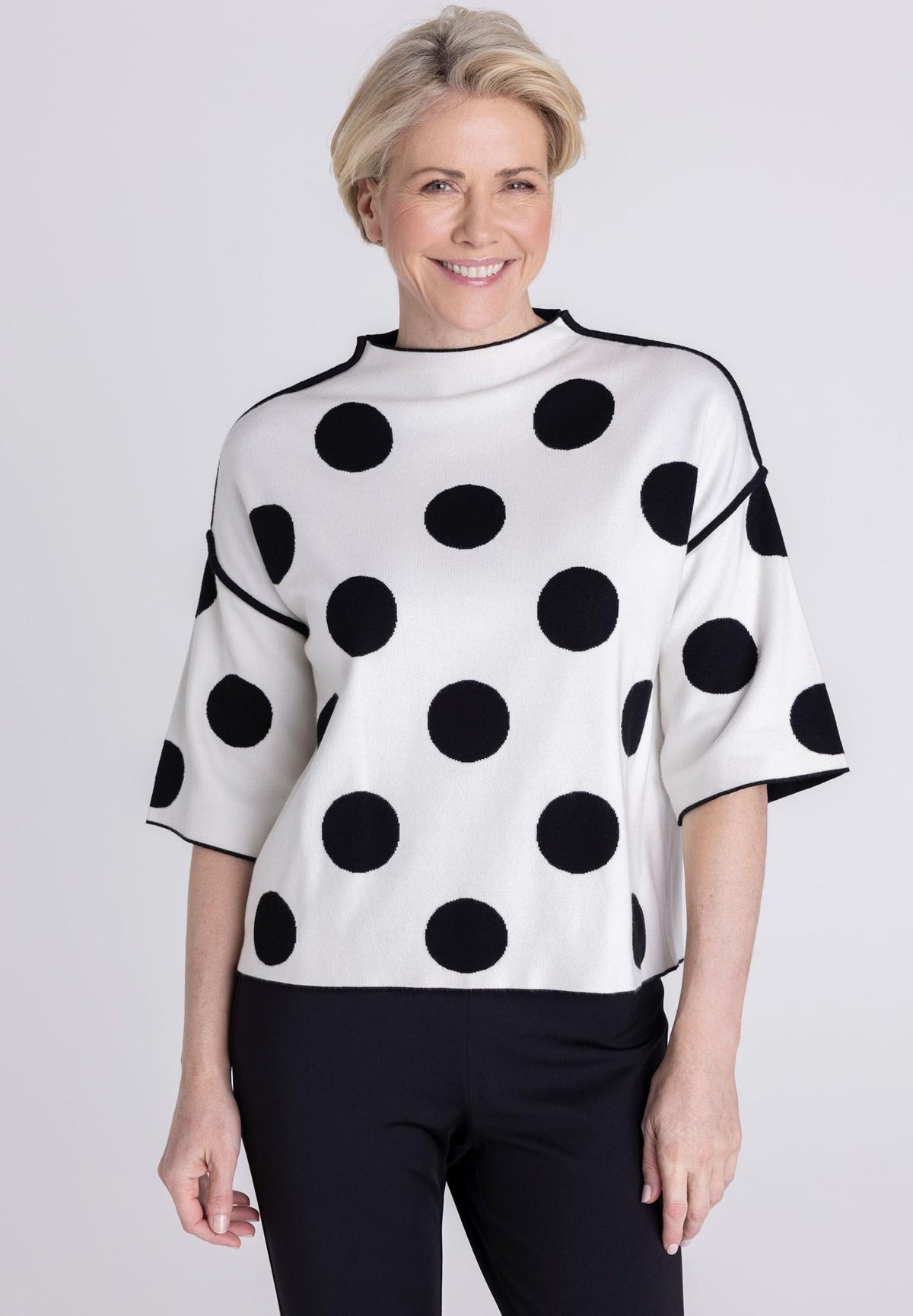 FRANK WALDER CREAM JUMPER 108050 frank walder black and cream jumper with circles dots work wear