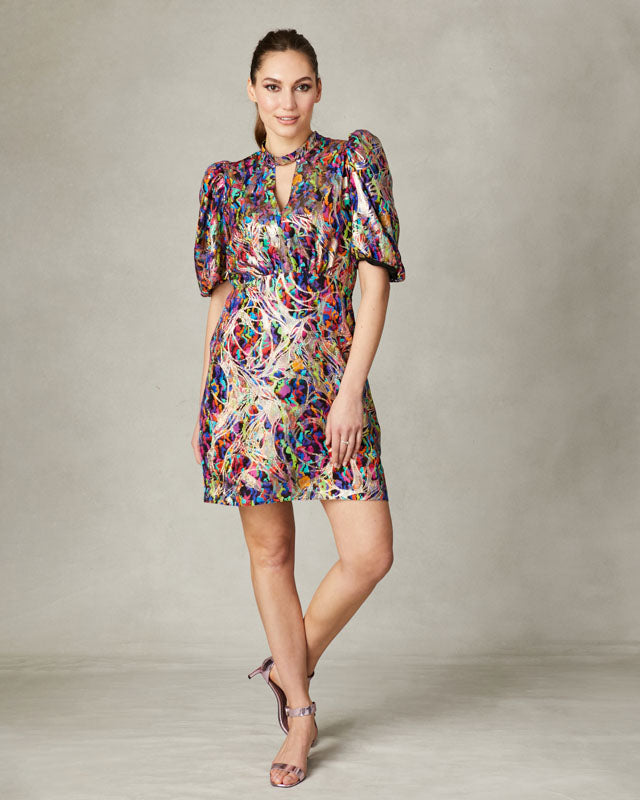 FEE G  GRACE - HIGH NECK DRESS WITH GATHERED SLEEVE  7501/81  MULTI 225