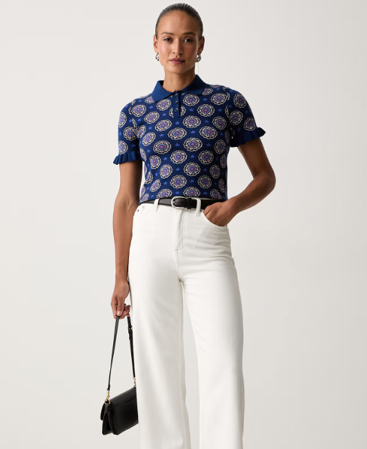  iblues blue printed polo knit iblvertice with short frill sleeve detail