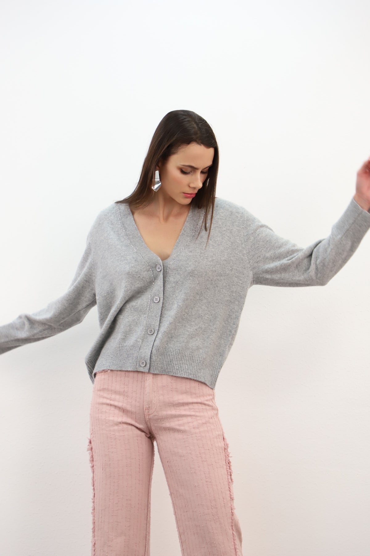 ESTHEME GREY V-NECK SPARKLE CARDIGAN JF6W15C 226