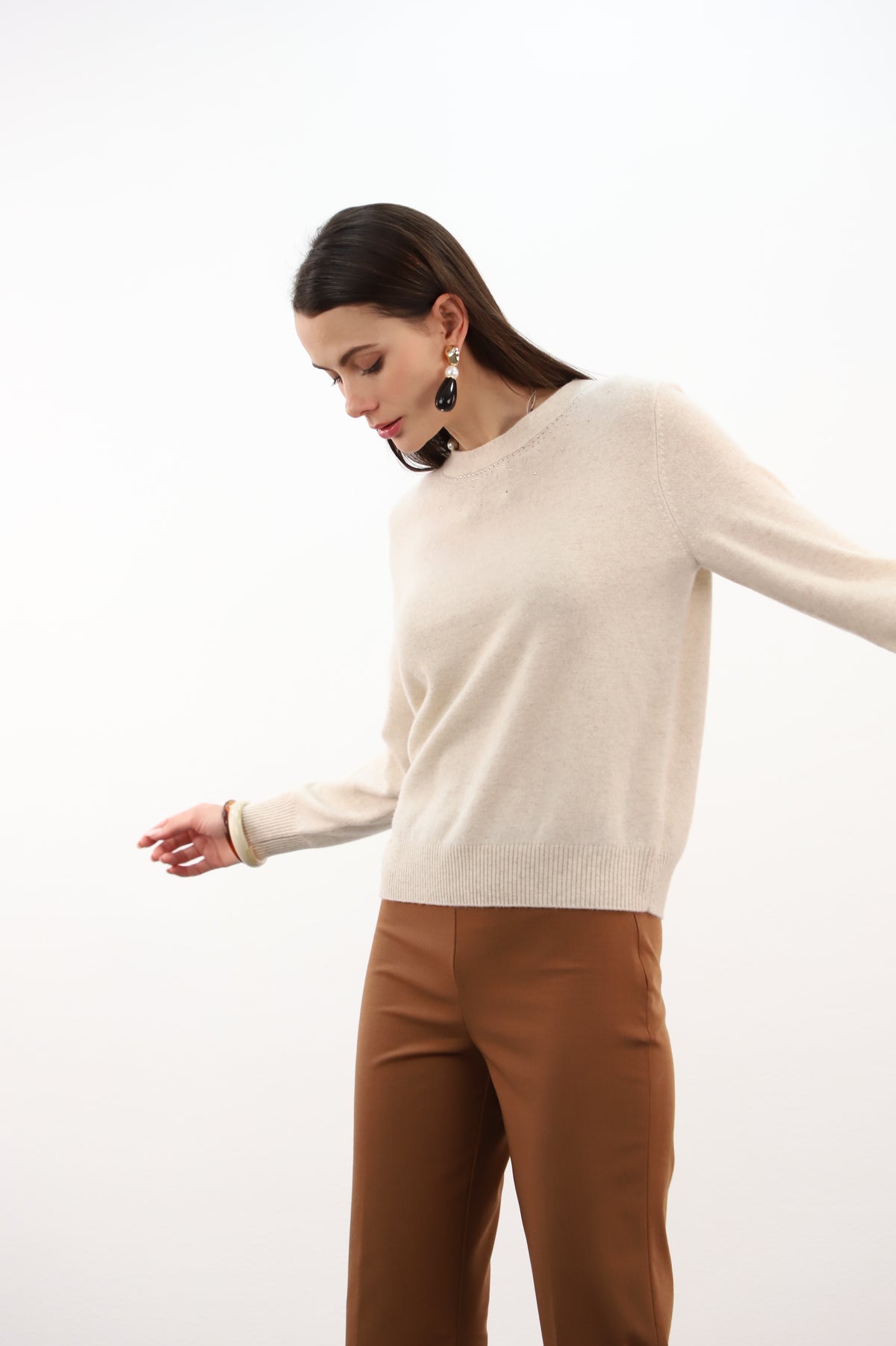 ESTHEME BEIGE ROUND NECK SPARKLE KNIT JF6W38C 226
